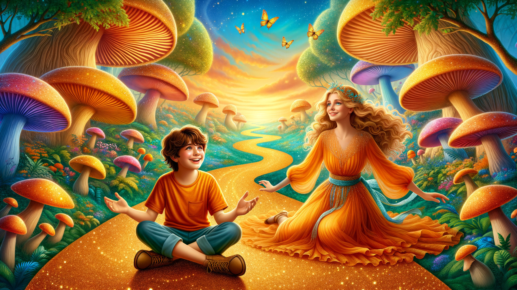 Joyful boy and ethereal woman in enchanted landscape