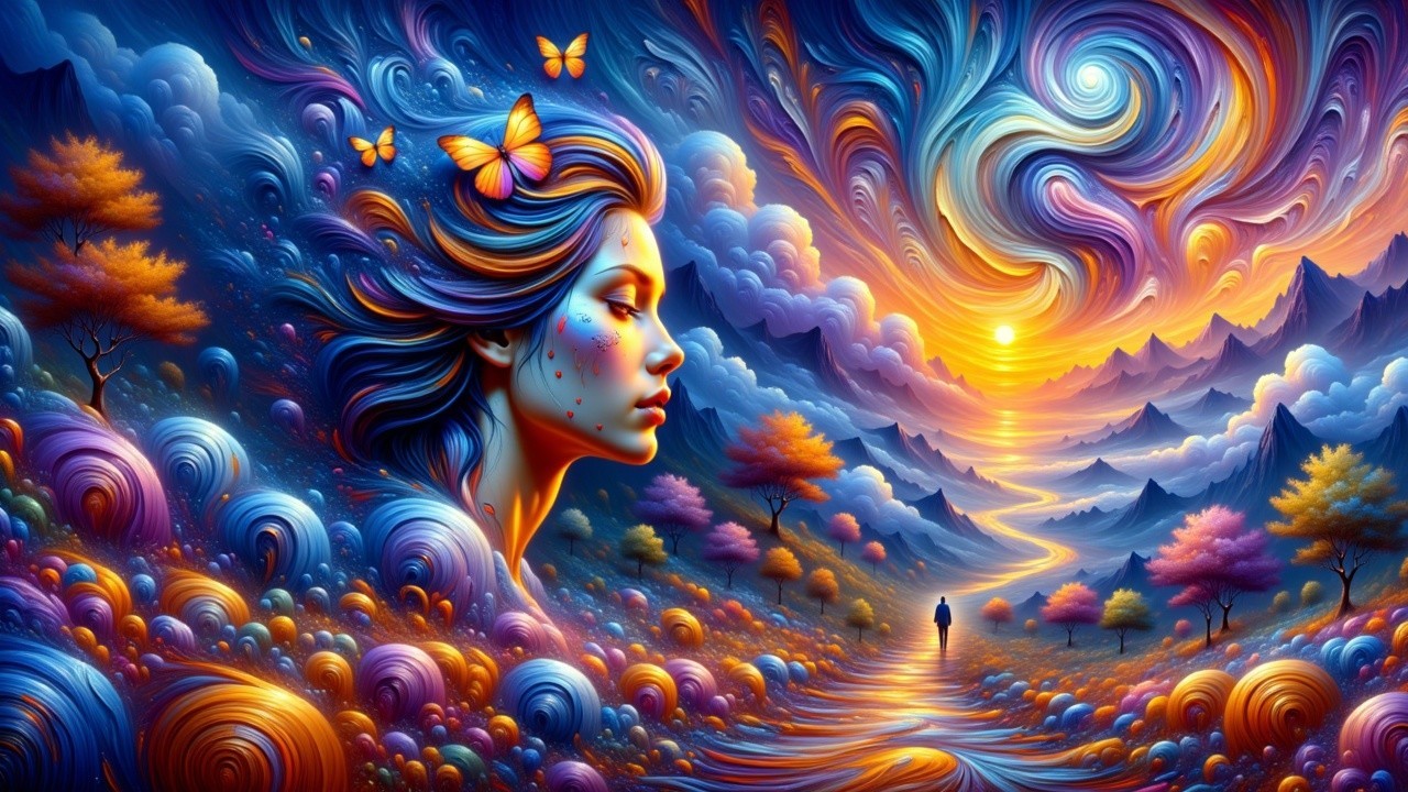 Surreal Landscape with Woman’s Profile and Butterflies
