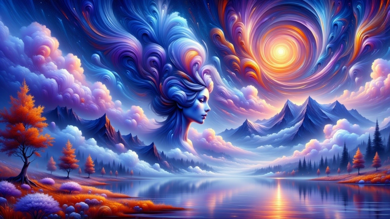 Surreal Landscape with Serene Face and Vibrant Clouds