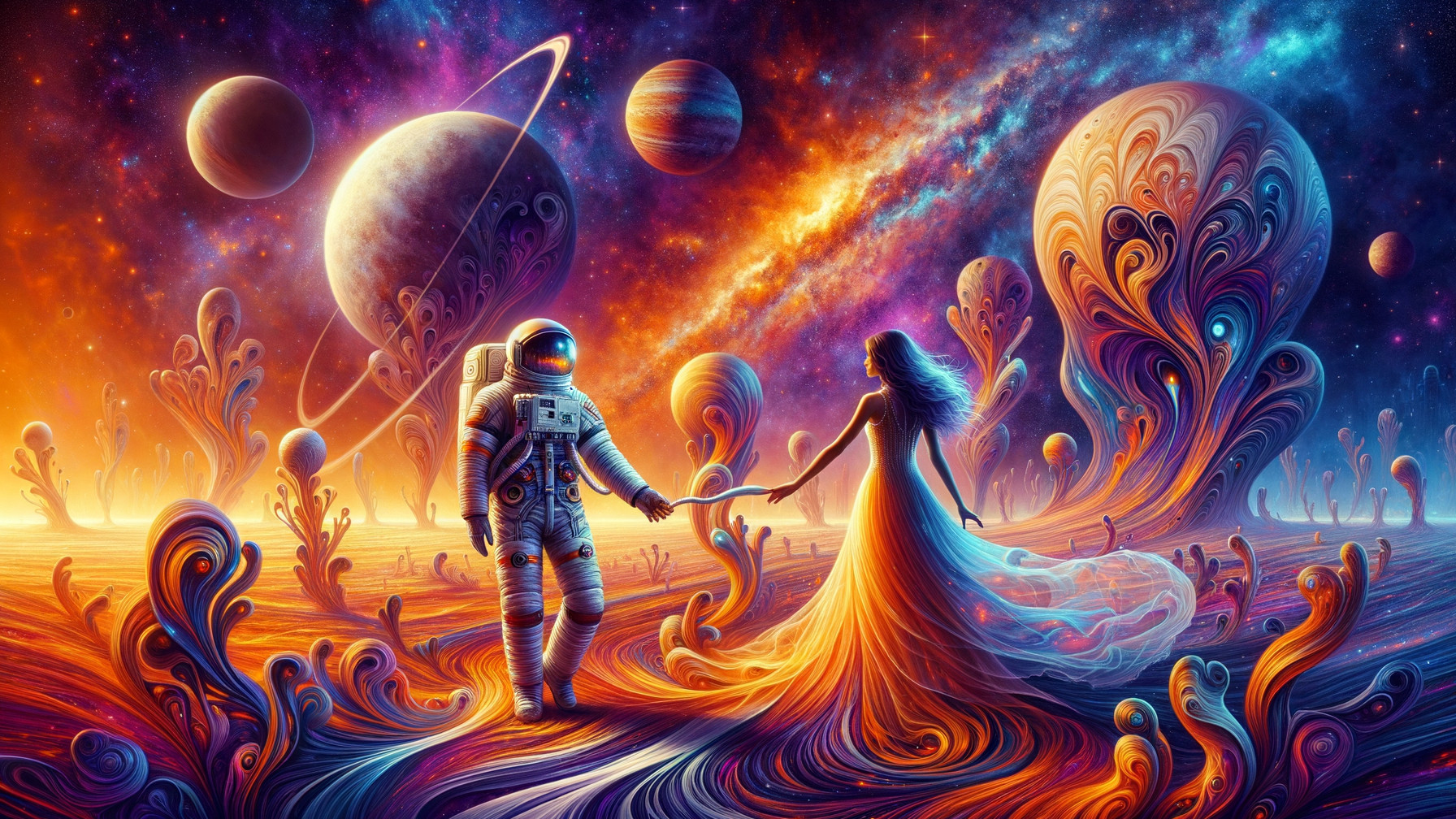 Astronaut and Ethereal Figure in Cosmic Landscape