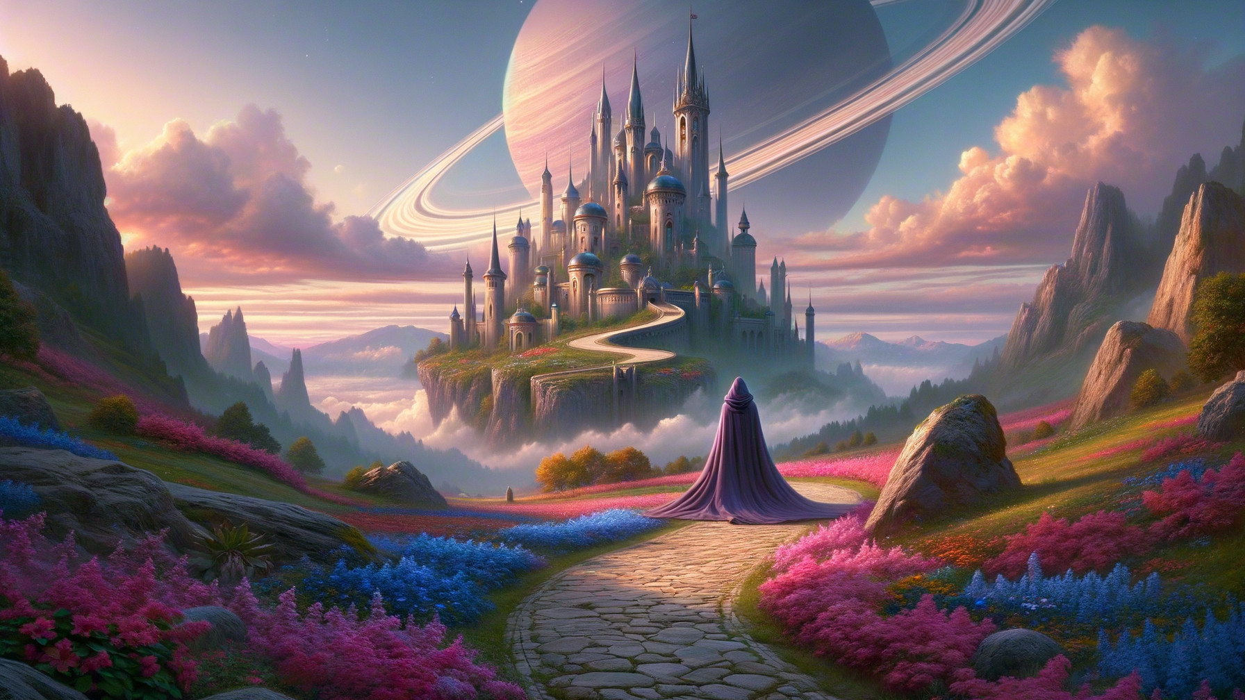 Majestic castle on a floating island with vibrant flowers