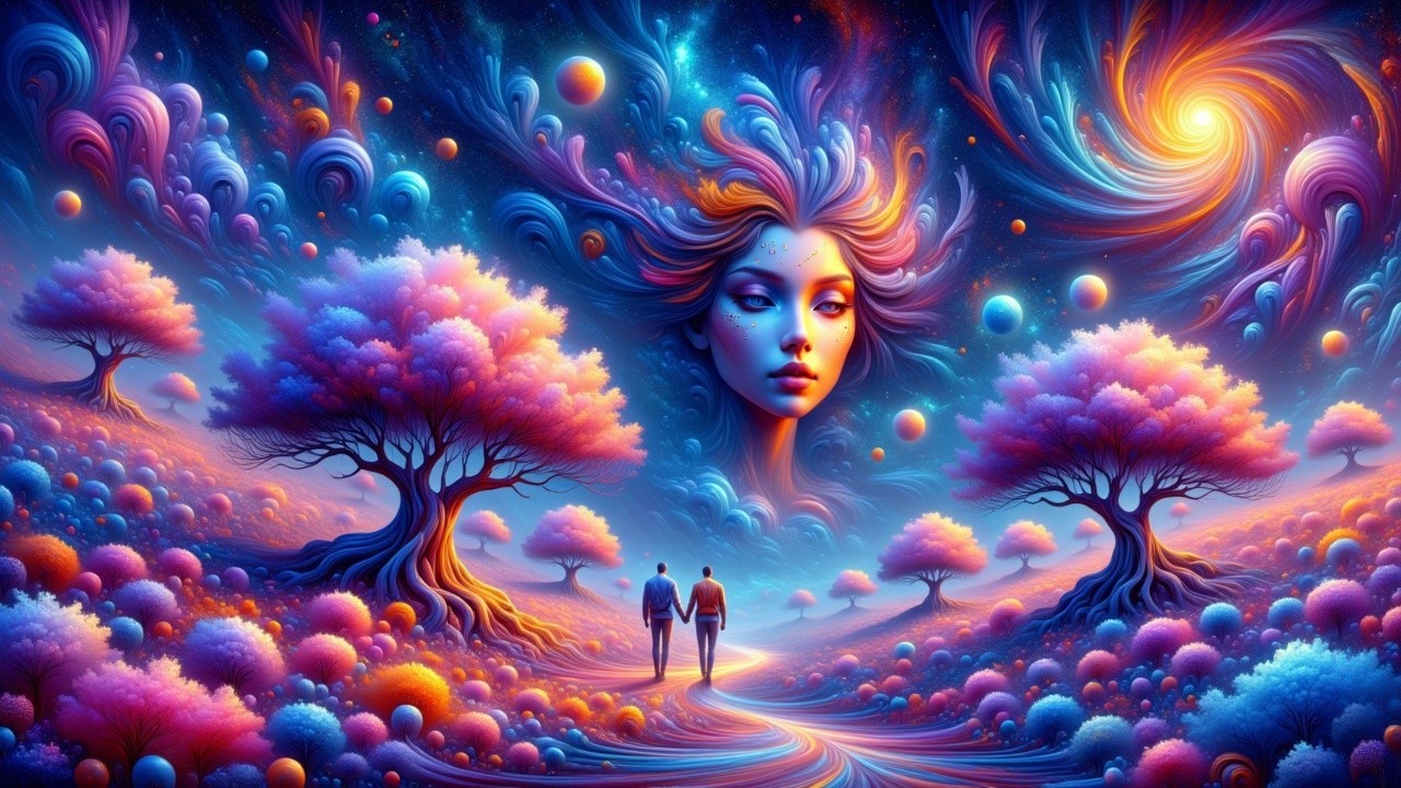Surreal Landscape with Cosmic Elements and Luminous Trees