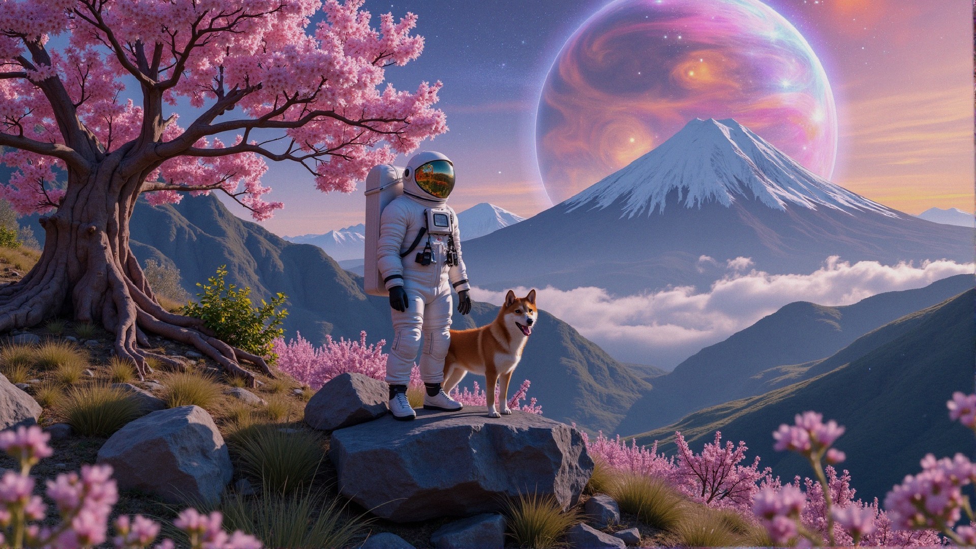 Astronaut and Shiba Inu in a Cosmic Landscape