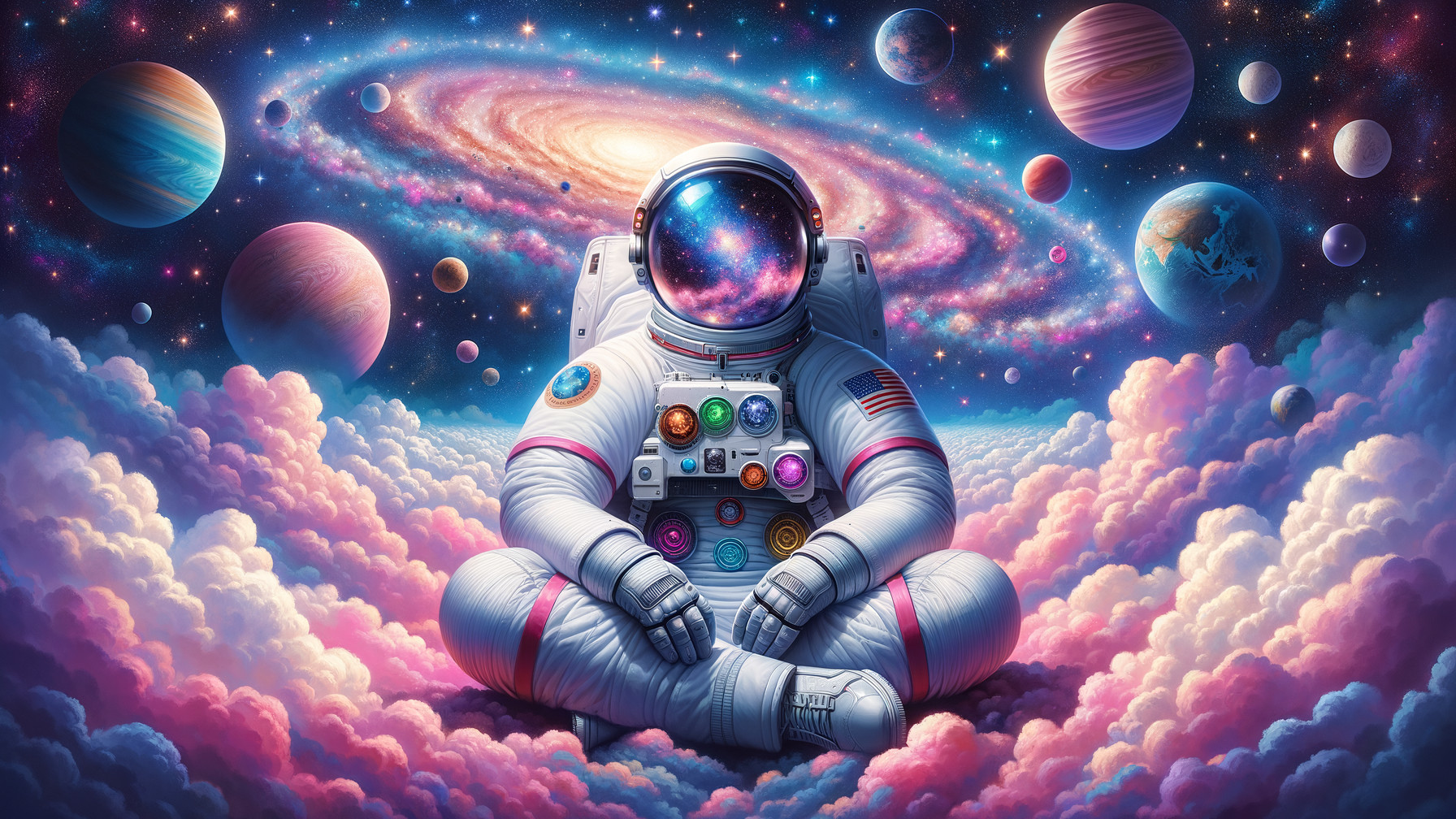 Astronaut on Clouds in Vibrant Cosmic Landscape