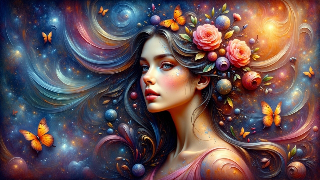 Mystical Portrait of Young Woman with Cosmic Elements