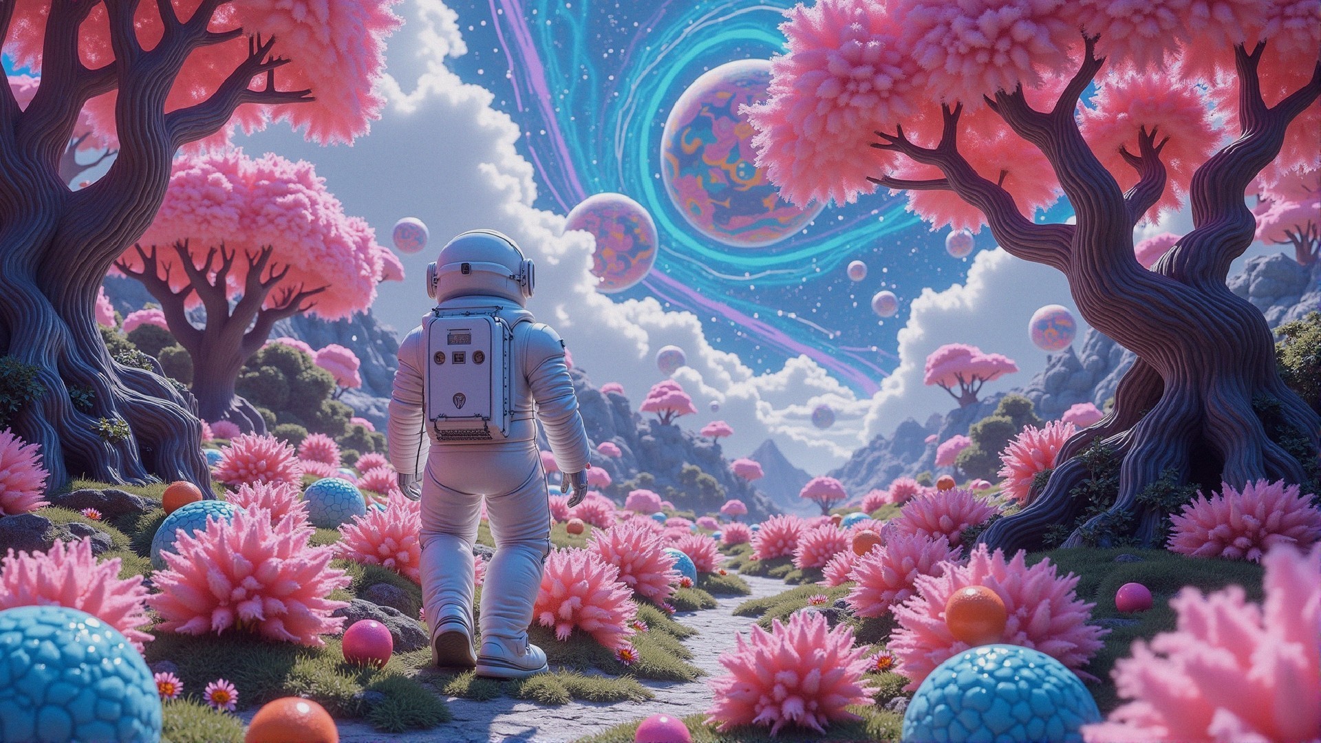 Astronaut in a Surreal, Colorful Alien Landscape