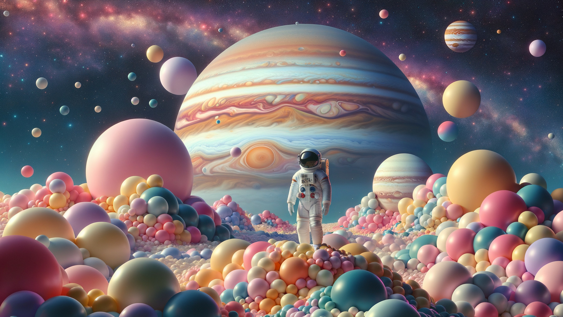 Astronaut in Surreal Landscape with Jupiter and Spheres