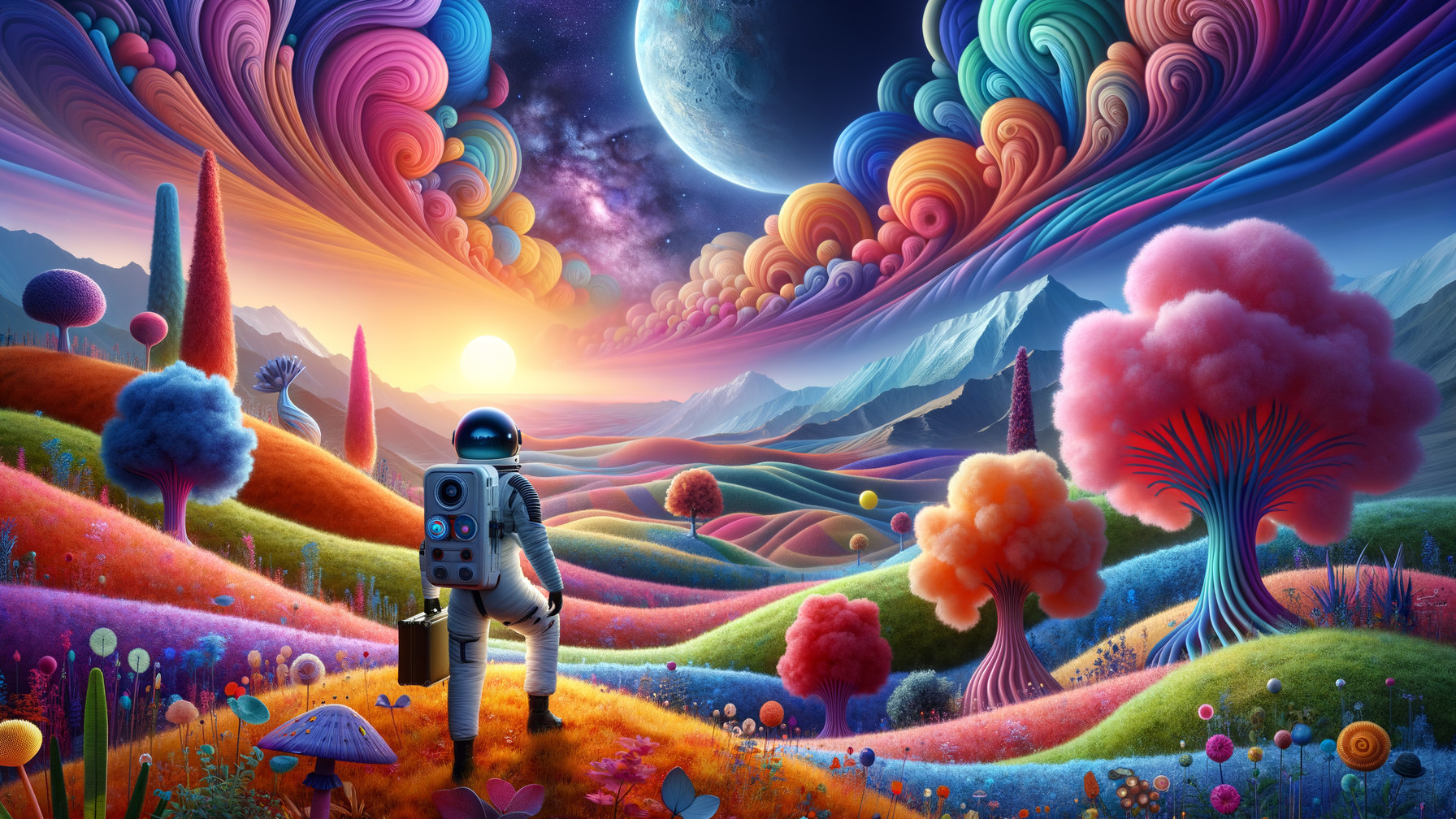 Astronaut in Surreal Landscape with Cosmic Sunset