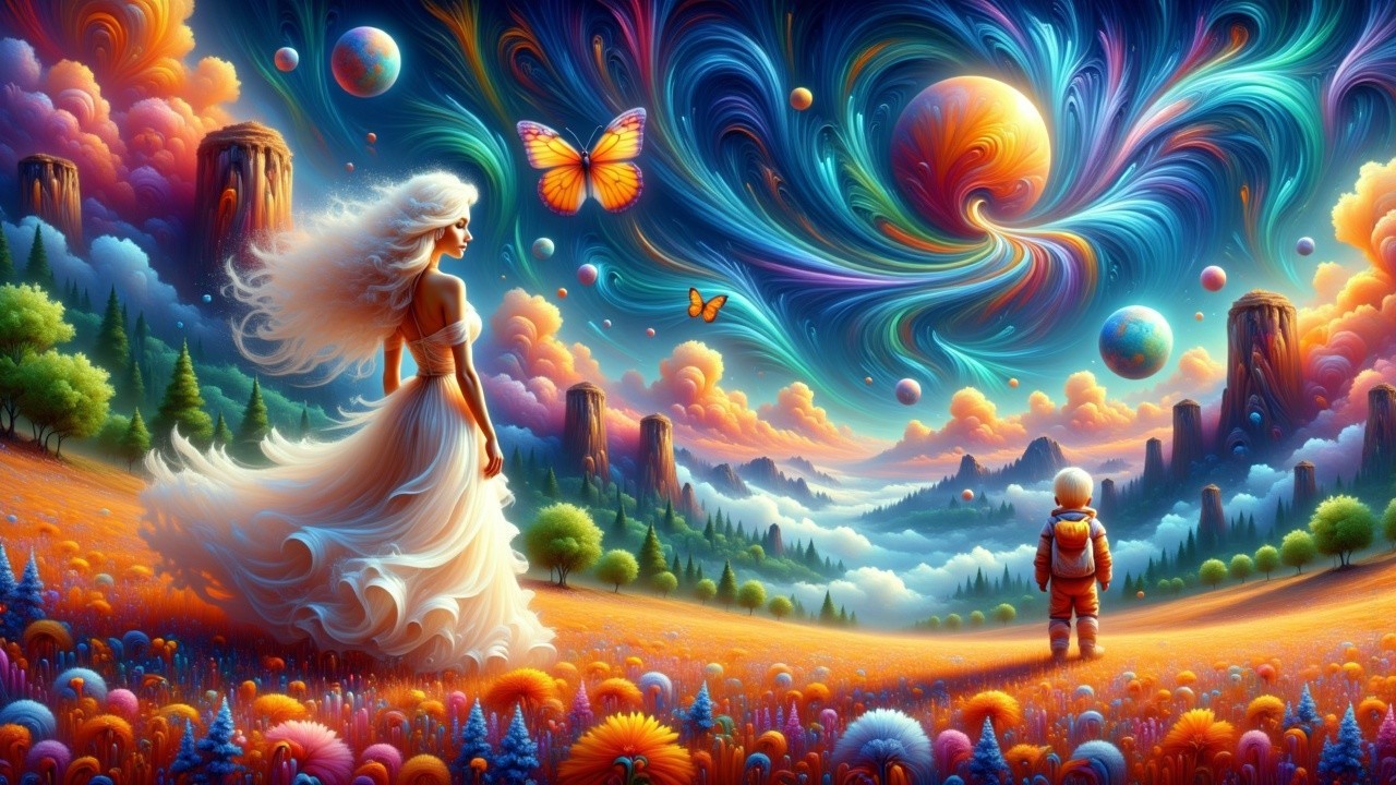 Surreal Landscape with Woman and Child in Meadow