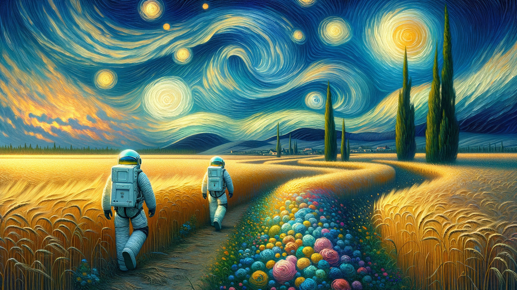 Surreal Landscape with Astronauts and Starry Sky