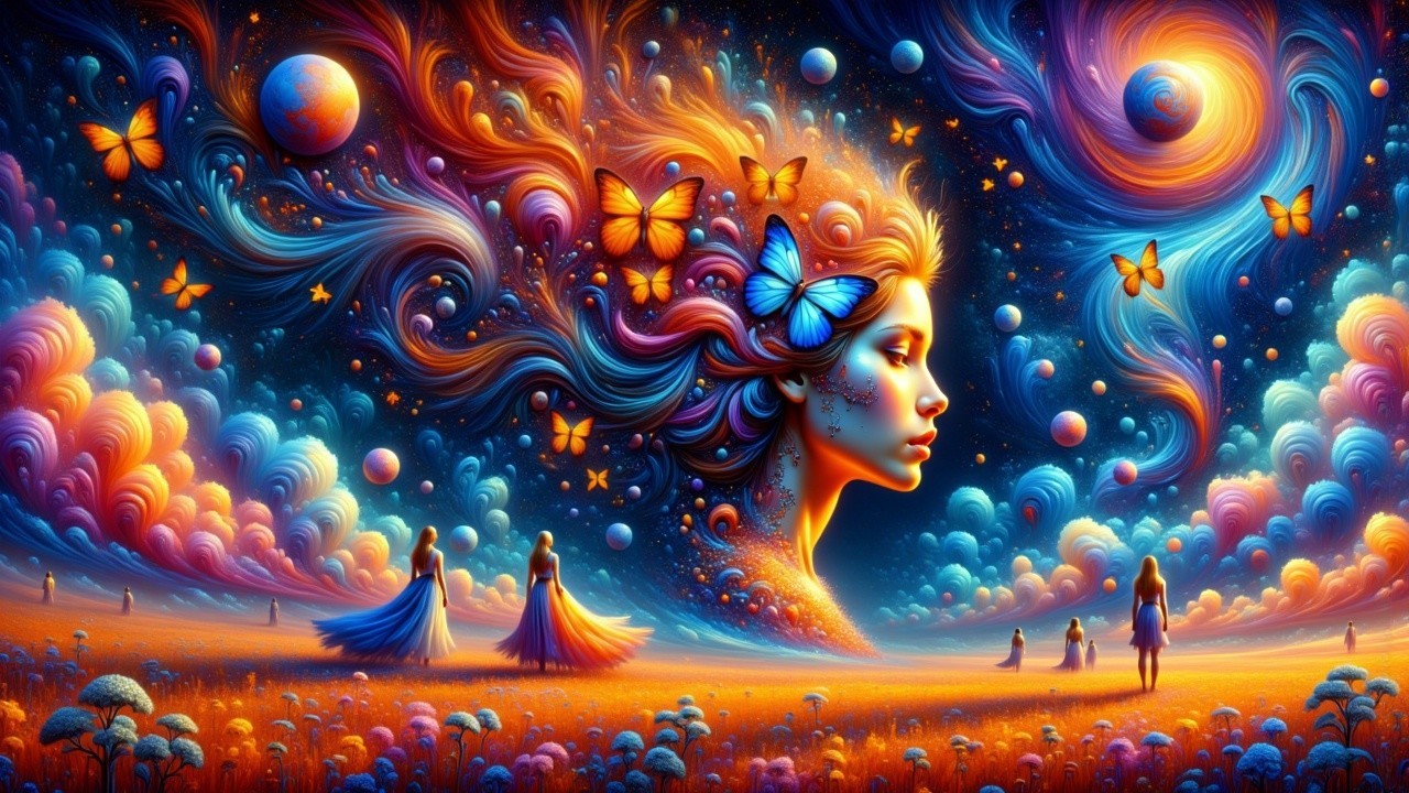 Surreal Landscape with Cosmic Colors and Butterflies