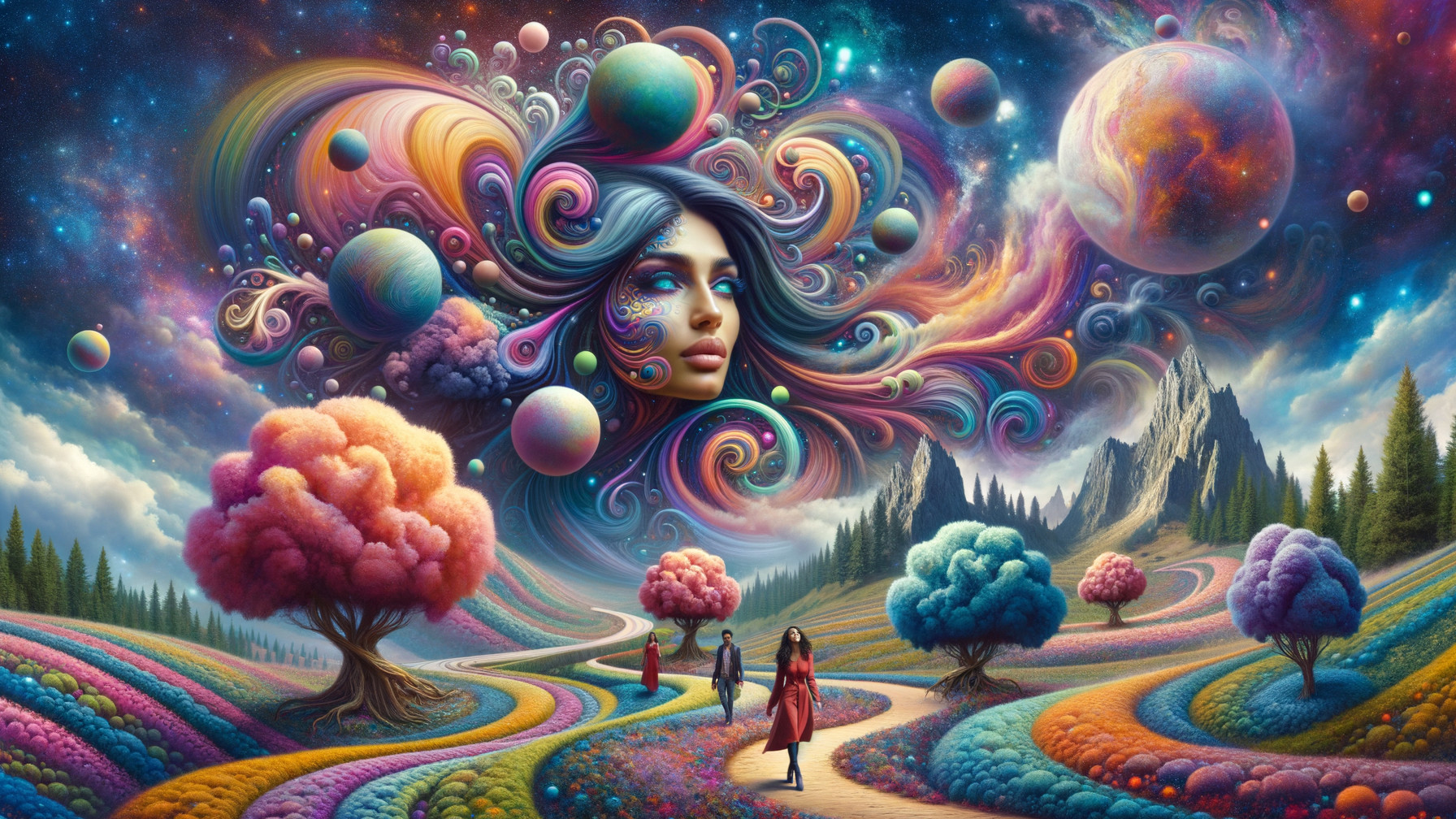 Surreal Landscape with Colorful Trees and Cosmic Scene