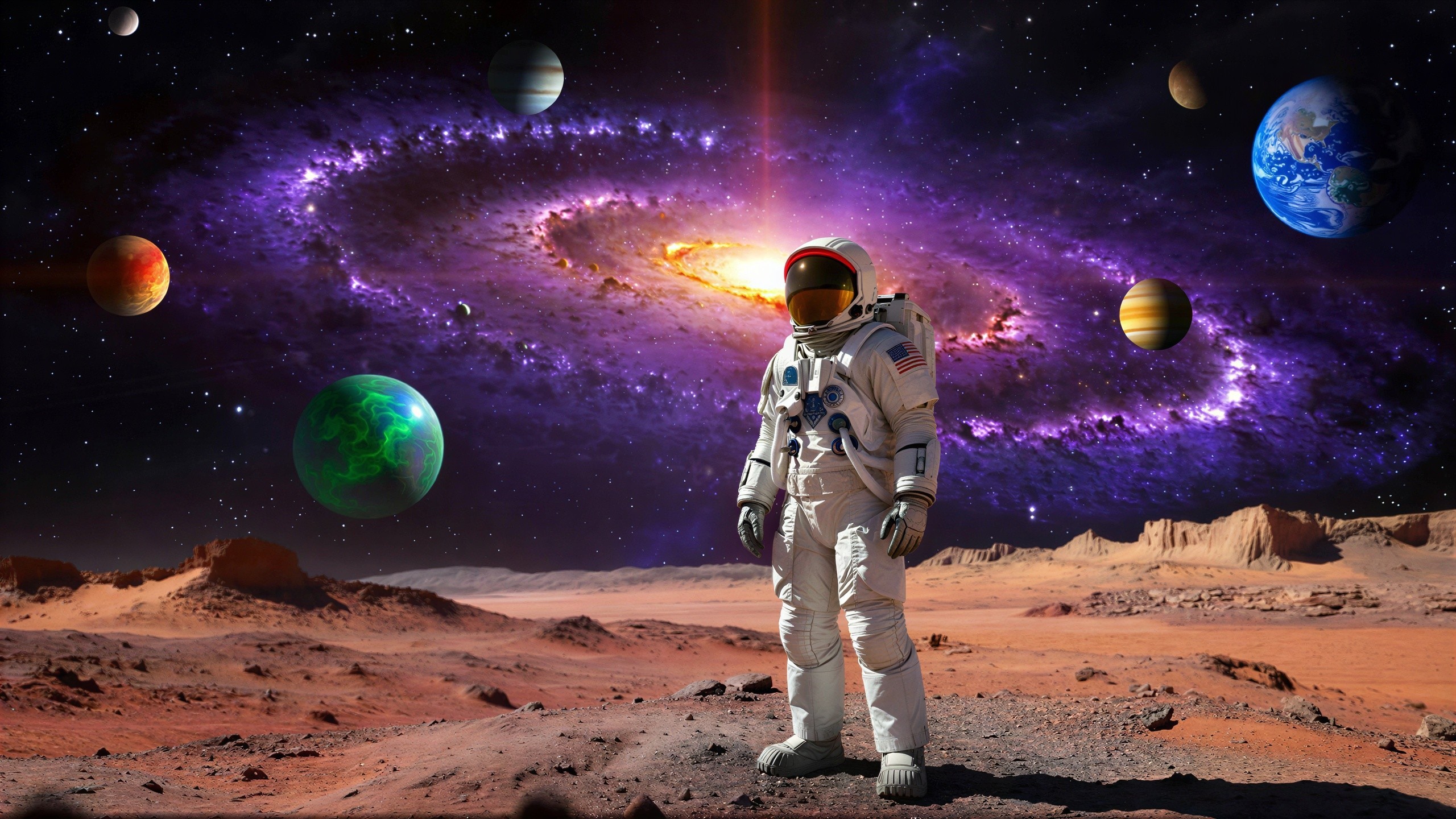 Astronaut on Martian Landscape with Galaxy Background