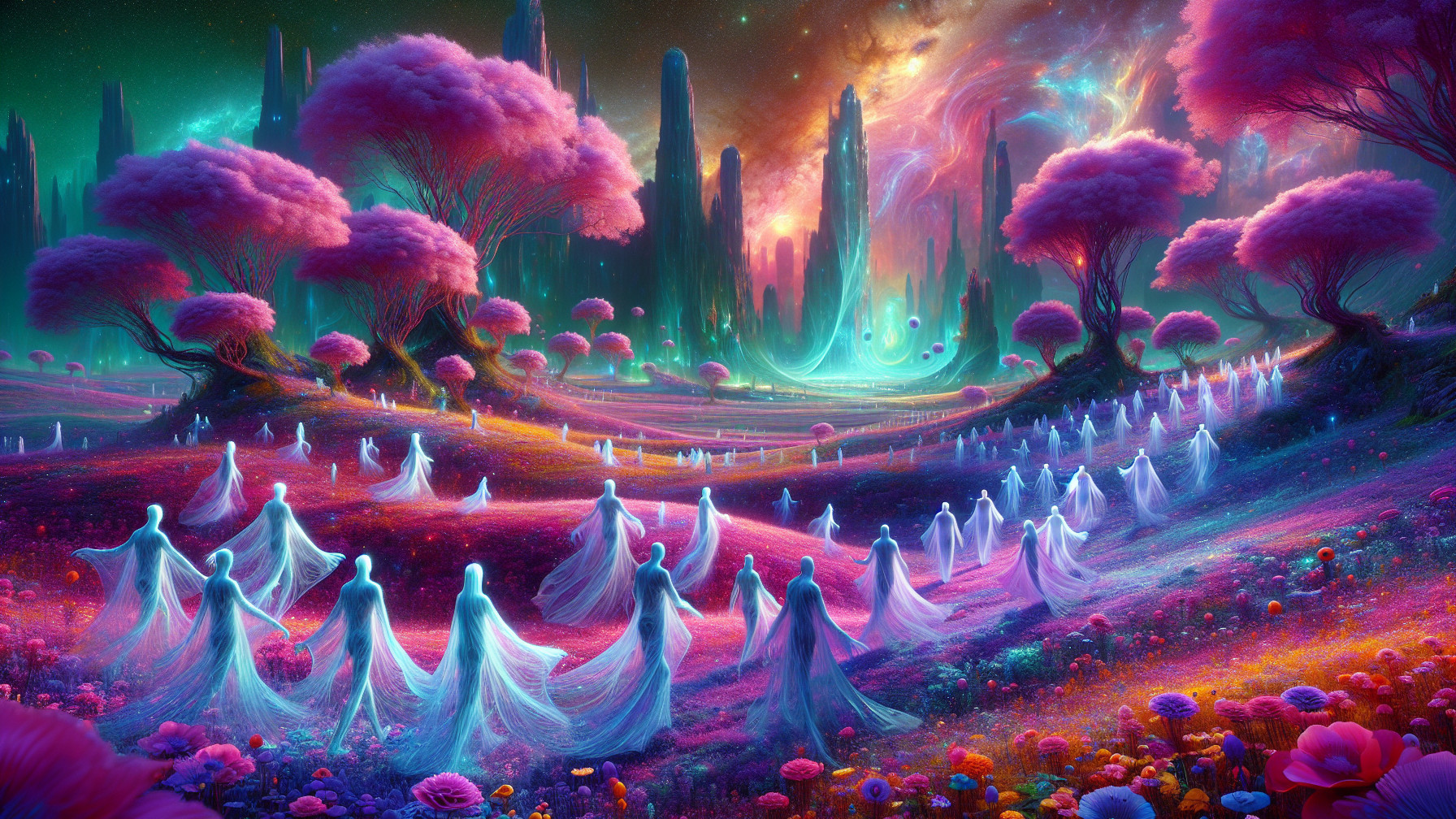Surreal Landscape with Ethereal Figures and Crystalline Forms