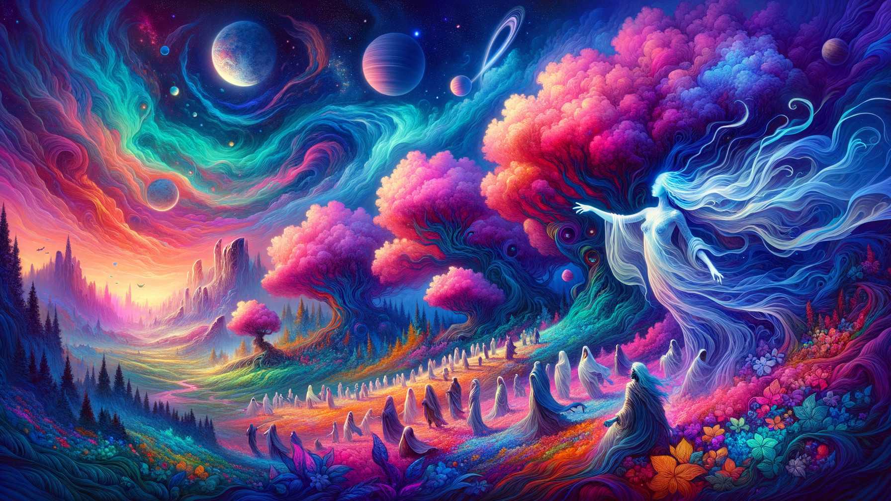 Vibrant Fantastical Landscape with Ethereal Elements