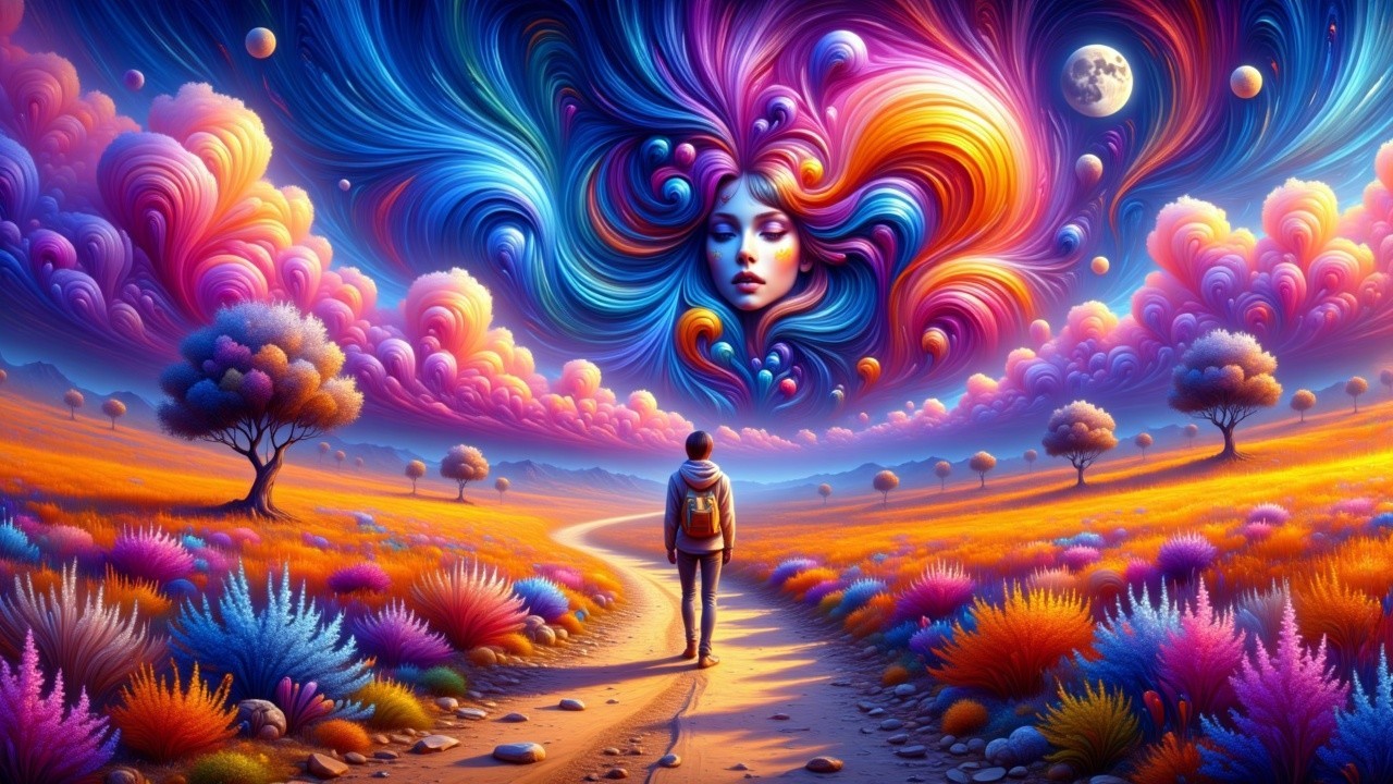Surreal Landscape with Colorful Foliage and Clouds
