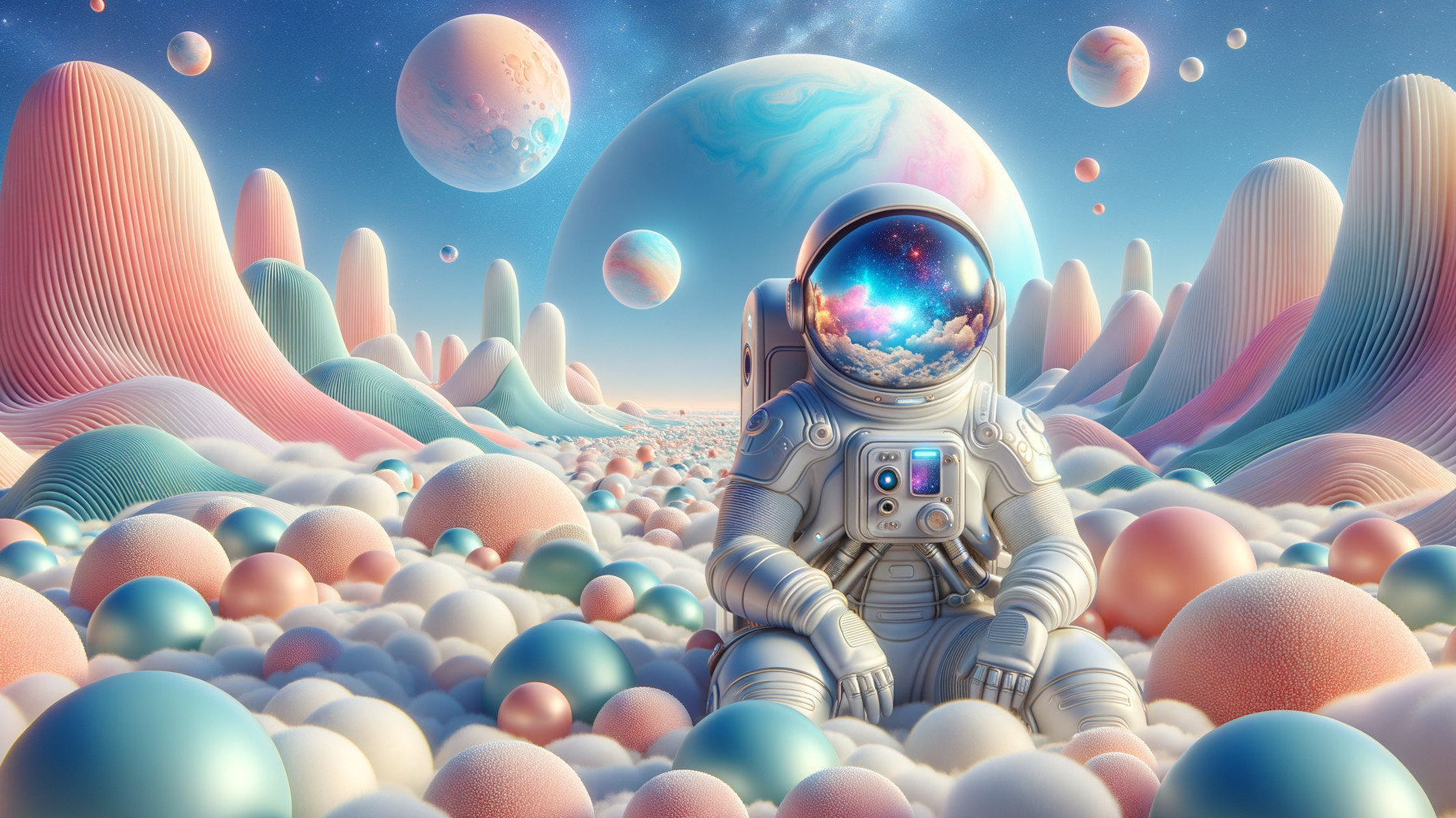 Surreal Cosmic Landscape with Astronaut and Planets