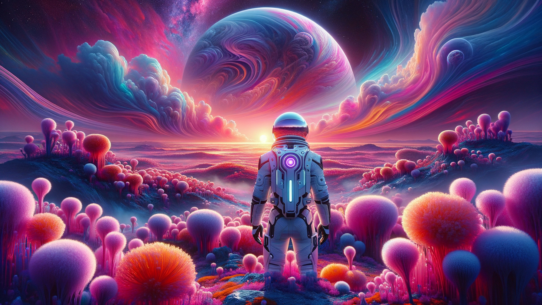 Astronaut in Colorful Alien Landscape with Cosmic Sky