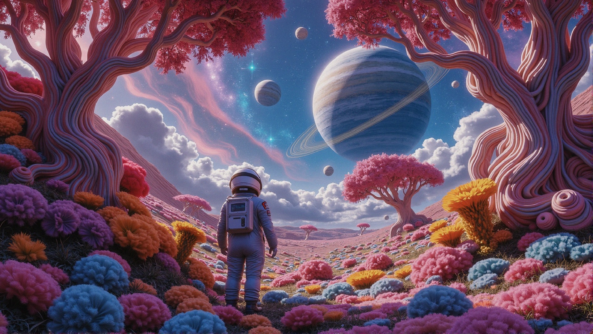 Astronaut in a Surreal Alien Landscape with Colorful Flora