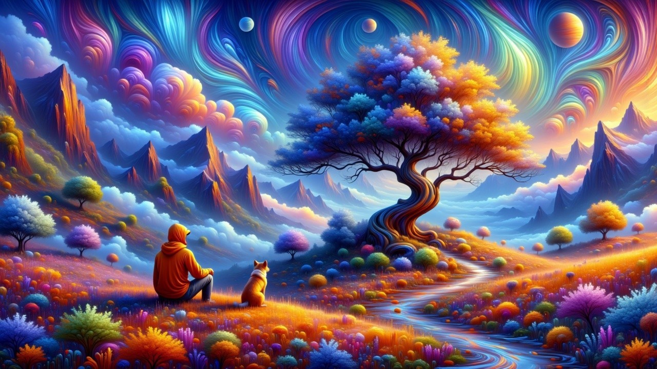 Surreal Landscape with Cloaked Figure and Dog