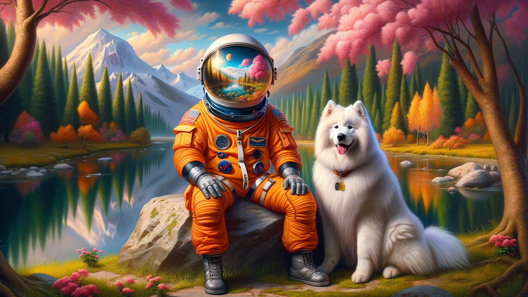 Astronaut and Samoyed Dog by a Serene Lake Scene