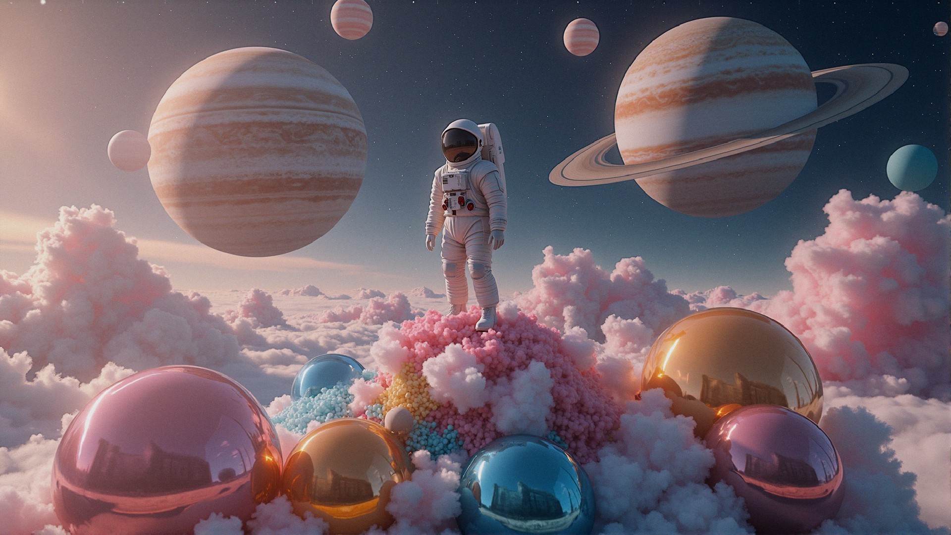 Astronaut on Colorful Clouds with Cosmic Backdrop