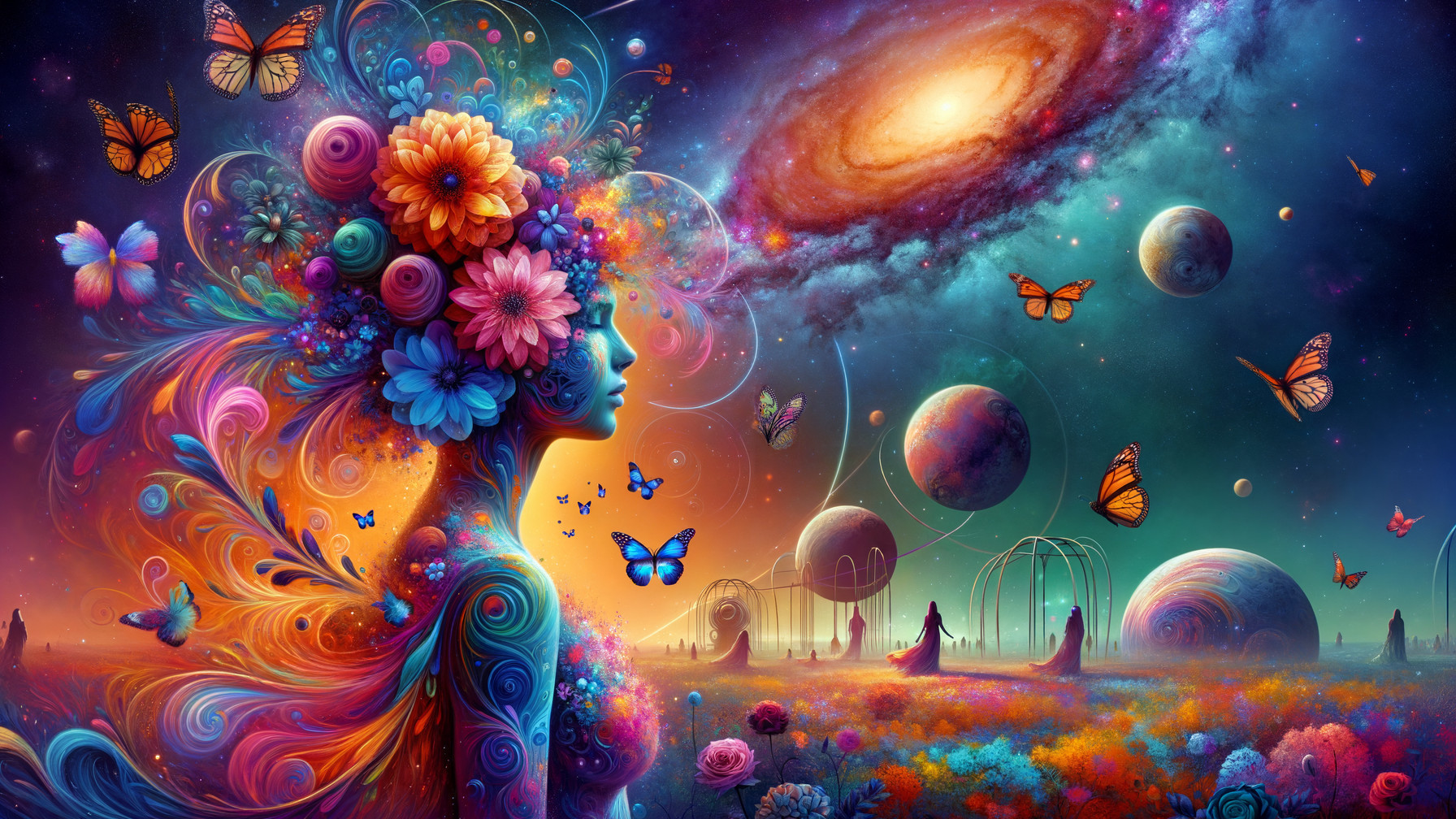 Surreal Landscape with Cosmic Backdrop and Floral Elements