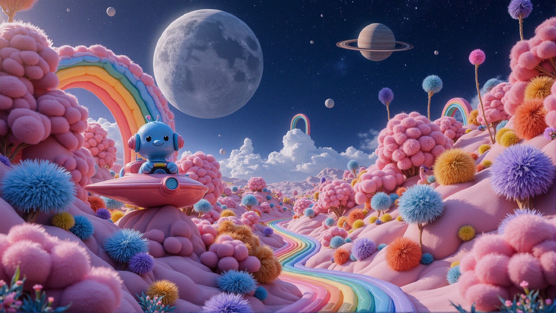 Whimsical Landscape with Colorful Trees and Rainbows