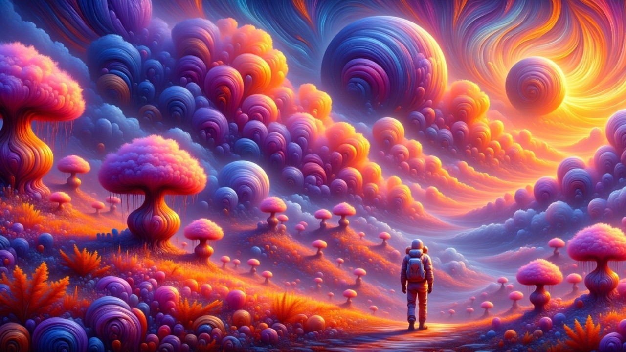 Surreal Landscape with Astronaut and Glowing Planets