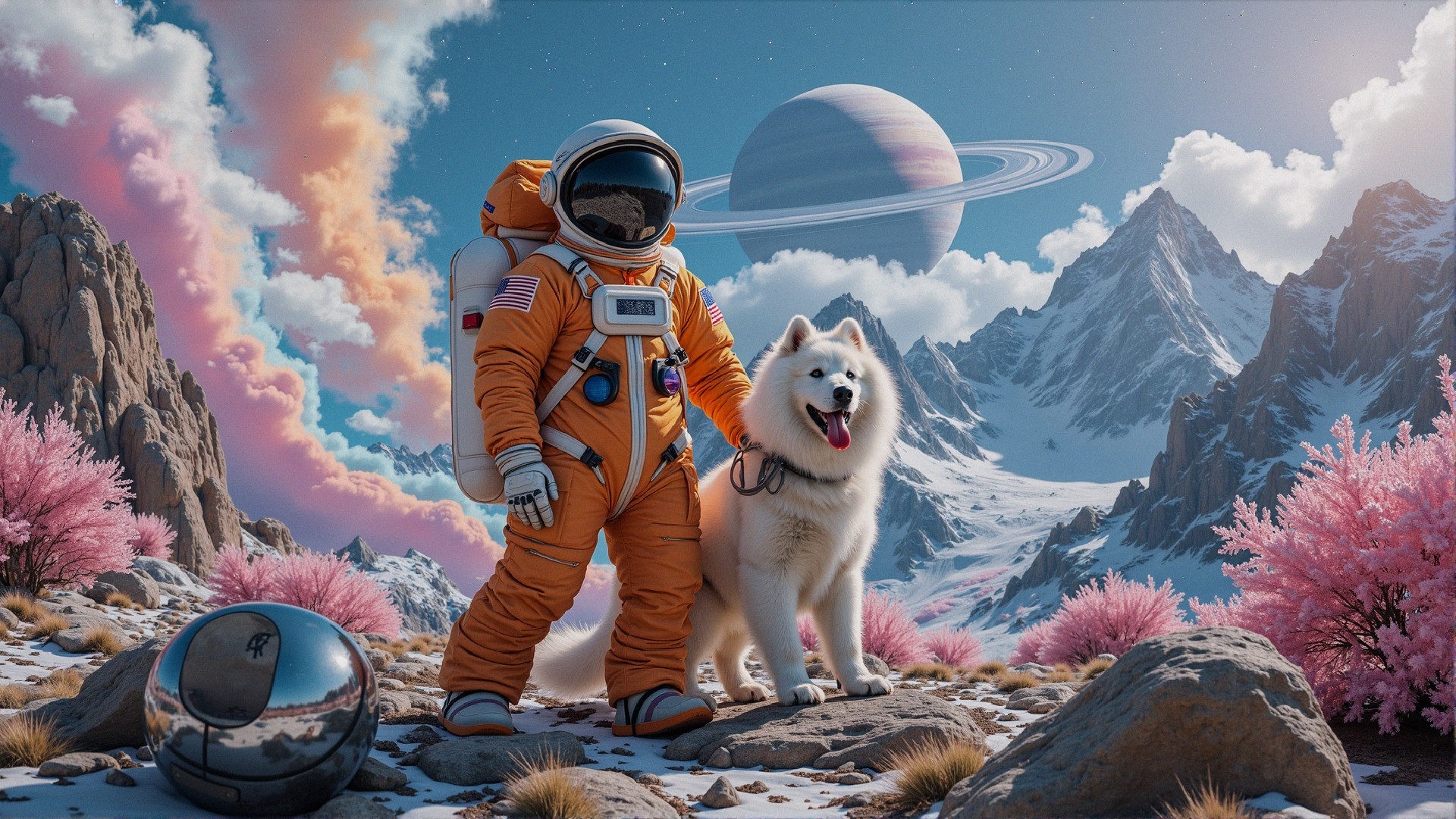 Astronaut and Dog in Surreal Landscape with Mountains