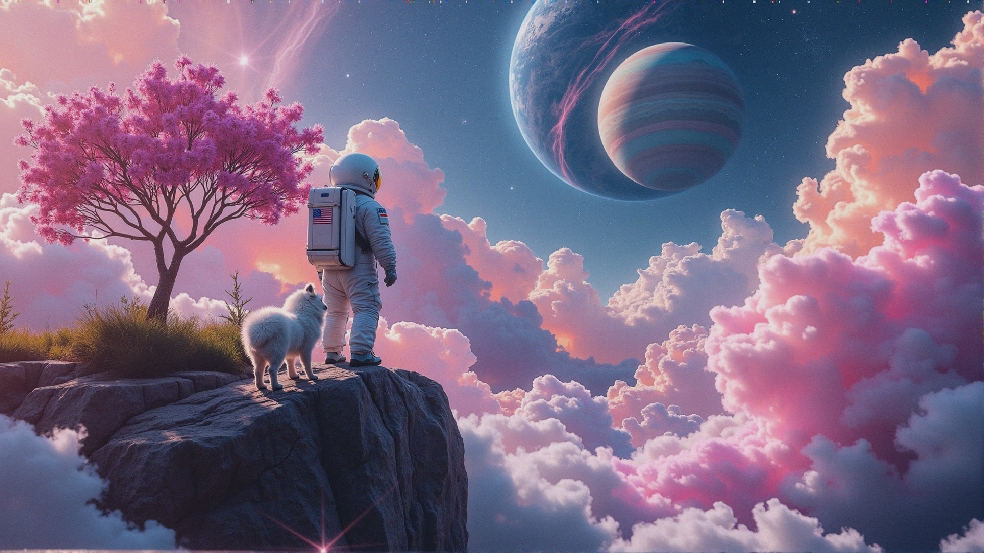 Astronaut and Dog Amidst Colorful Sky and Planet