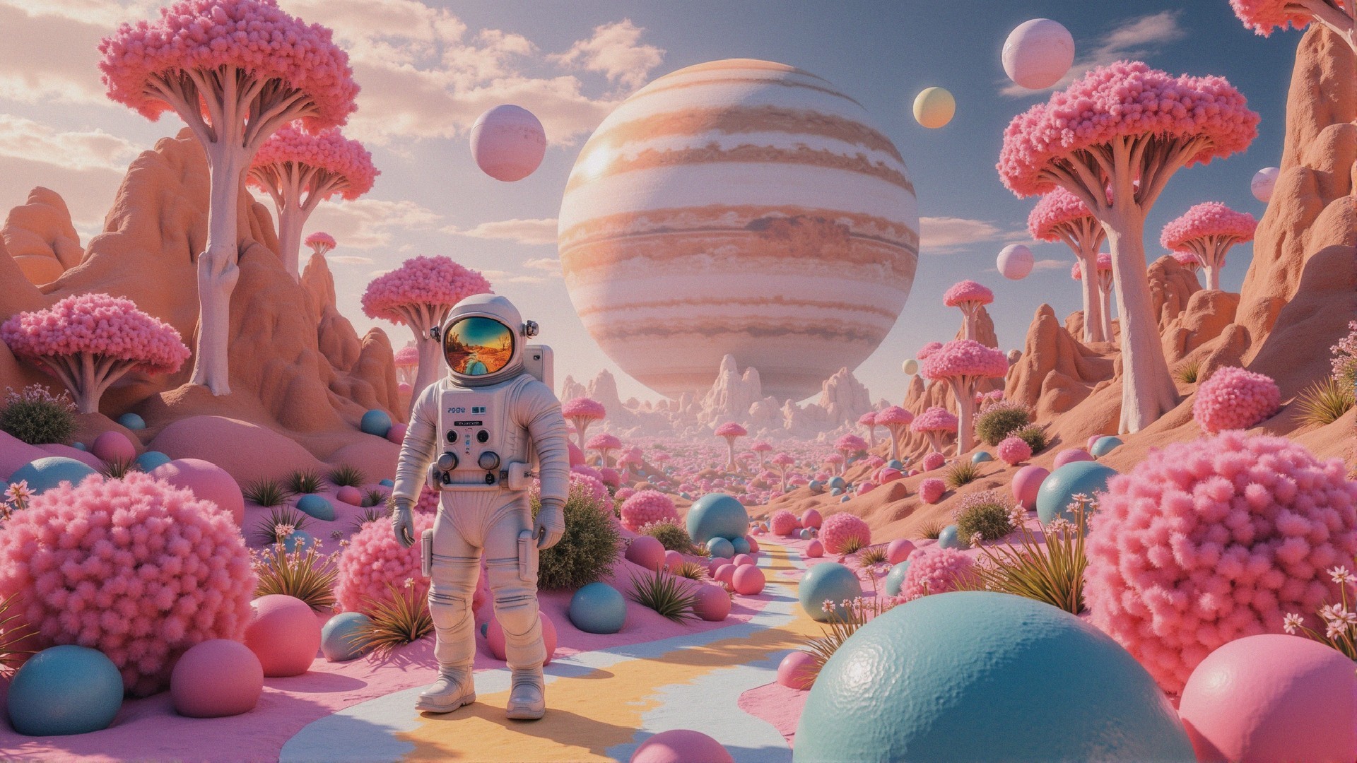 Surreal Landscape with Astronaut and Vibrant Trees