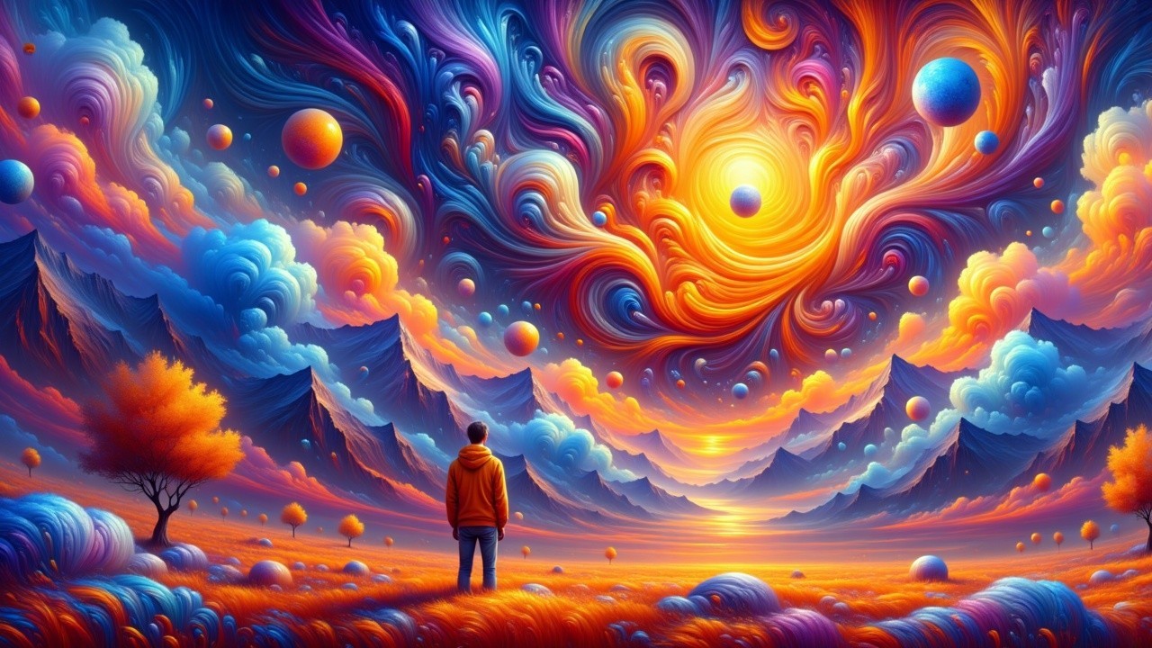 Surreal Landscape with Colorful Sky and Mountains