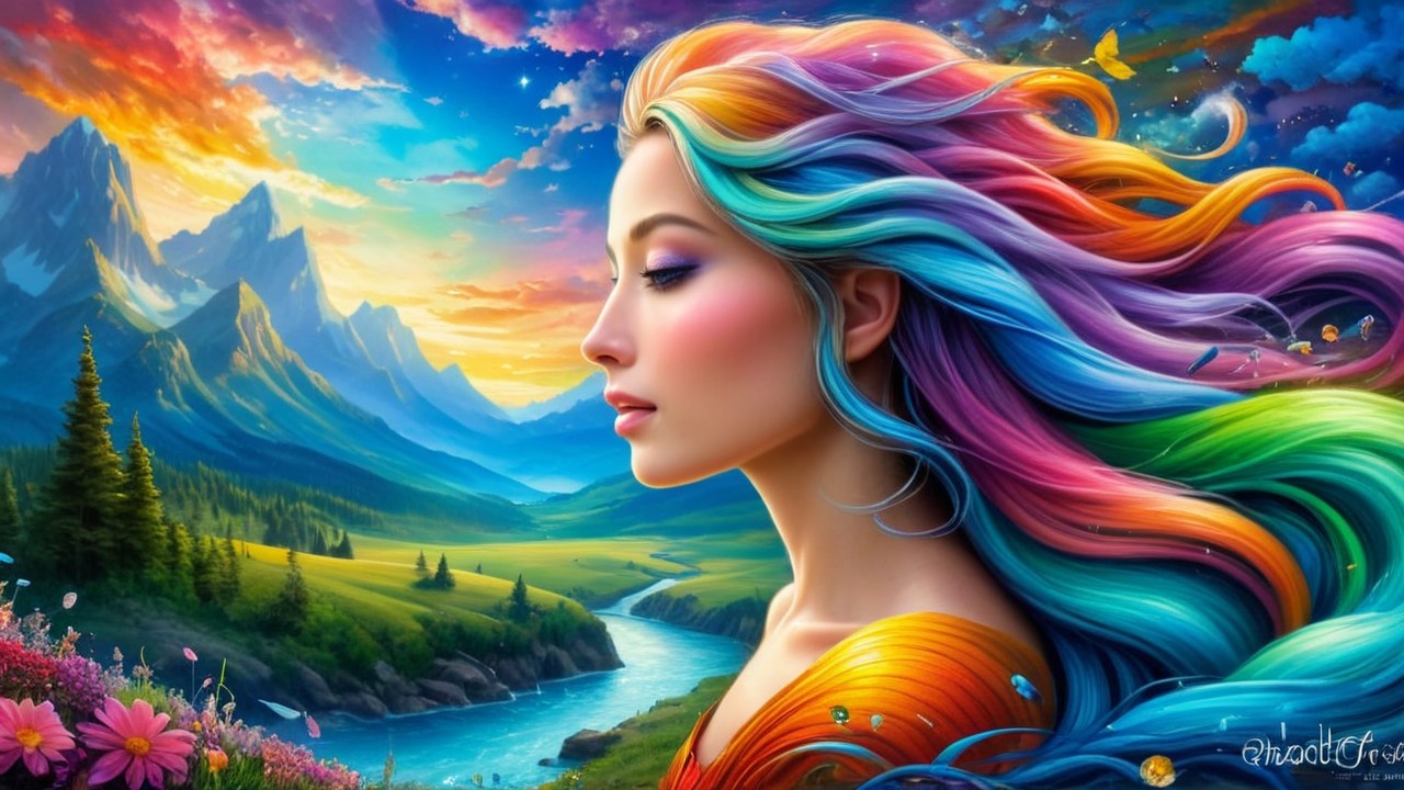 Serene Landscape with Woman and Colorful Hair