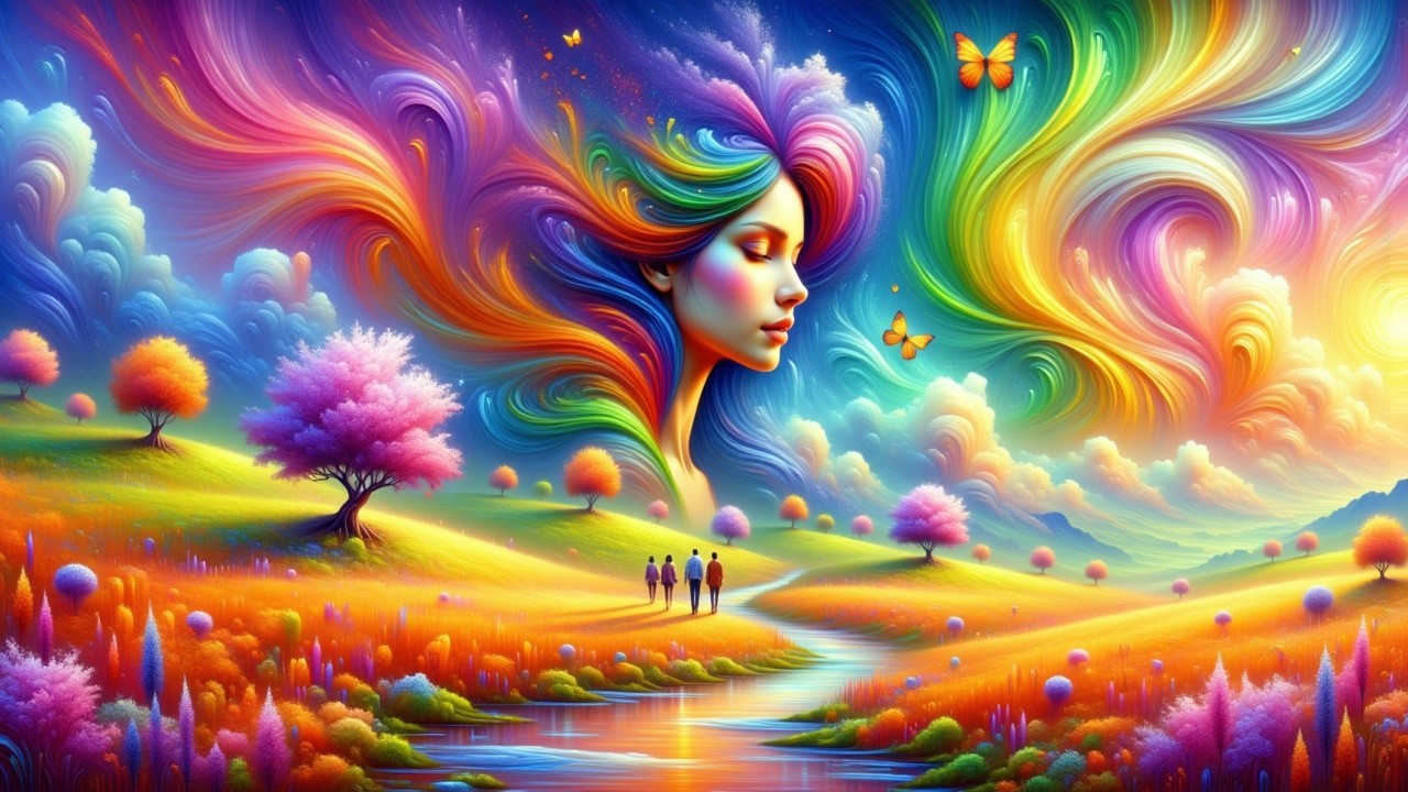 Vibrant Dreamlike Landscape with Whimsical Elements