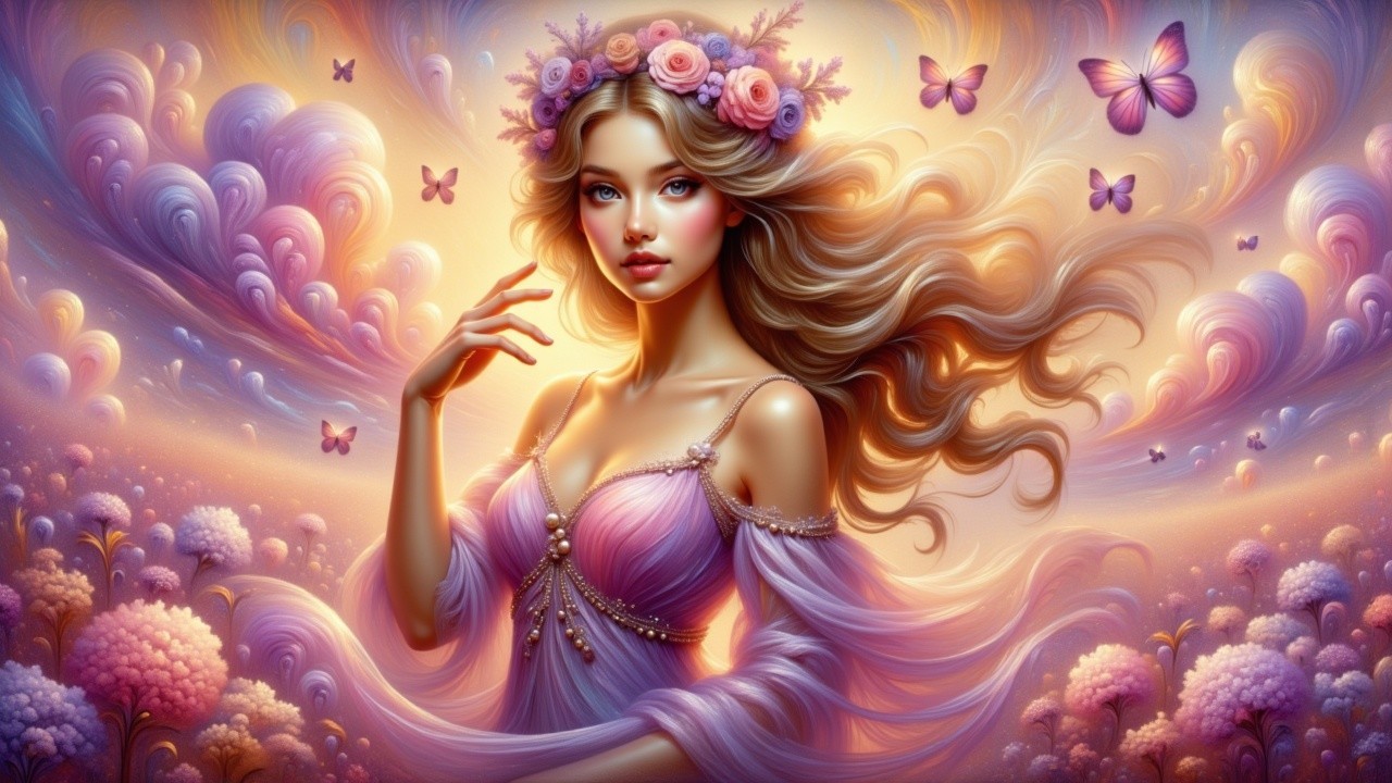 Ethereal Woman in Floral Crown Surrounded by Clouds