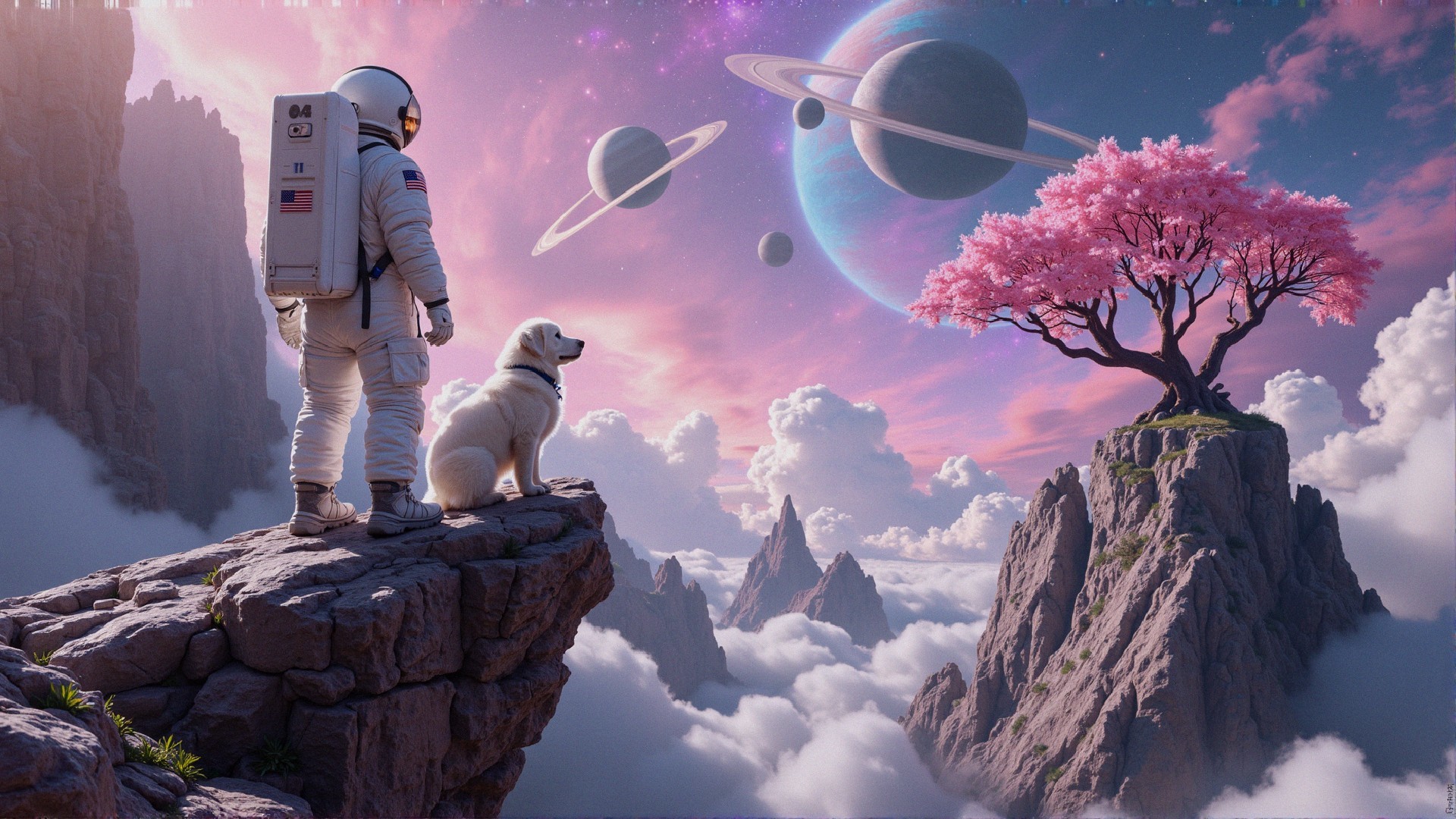 Astronaut and Dog Overlook Vibrant Alien Landscape