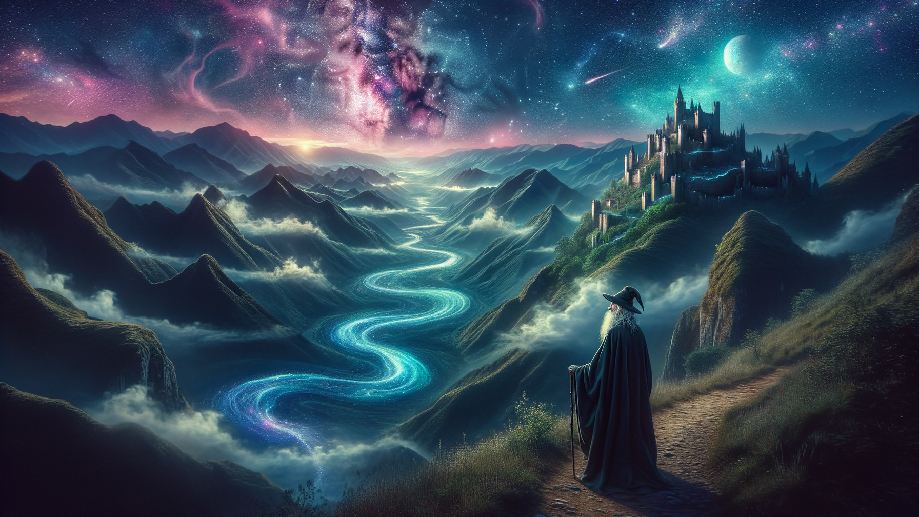 Majestic Landscape with Wizard and Glowing River