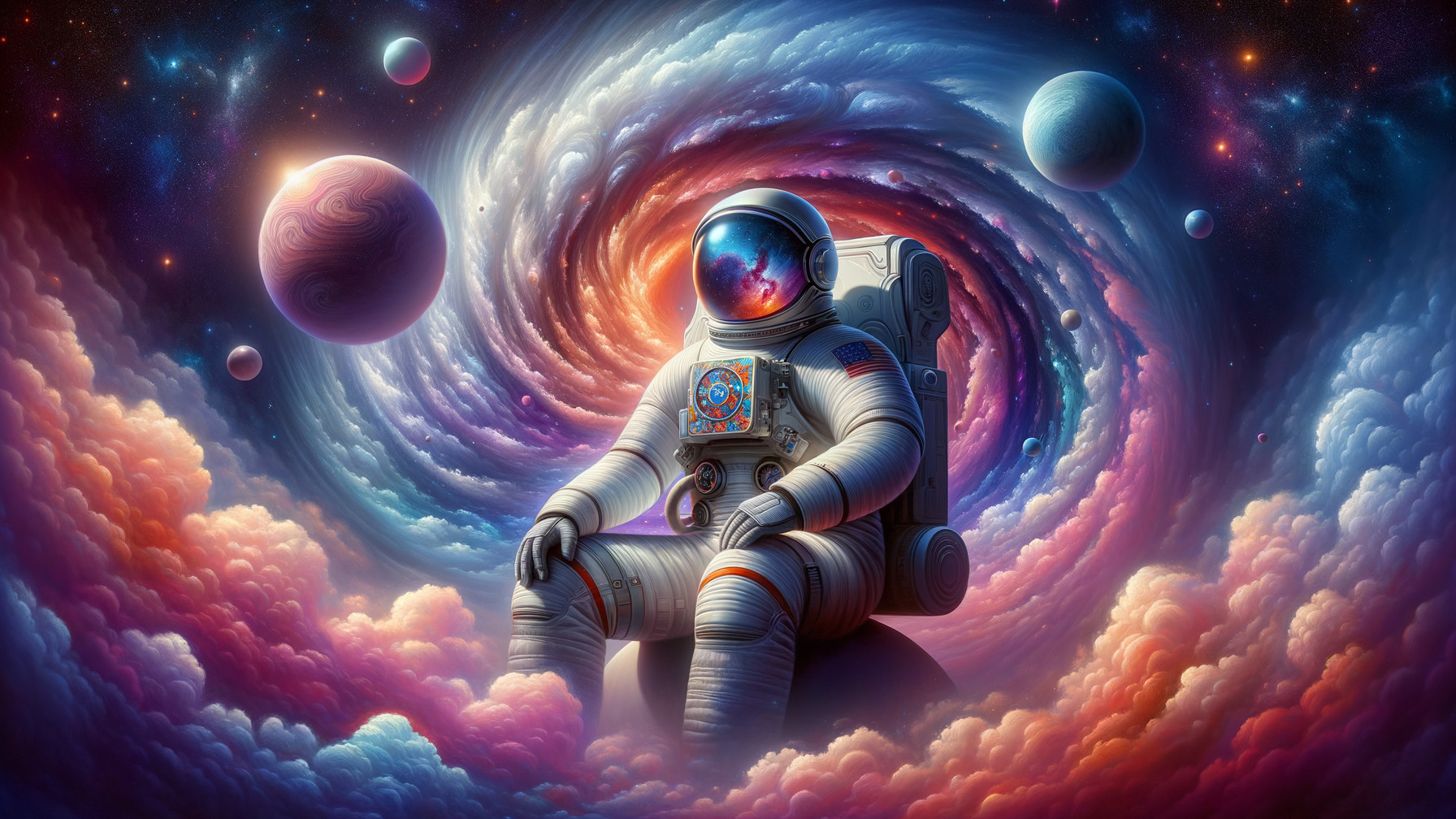 Astronaut in Colorful Cosmic Clouds and Stars