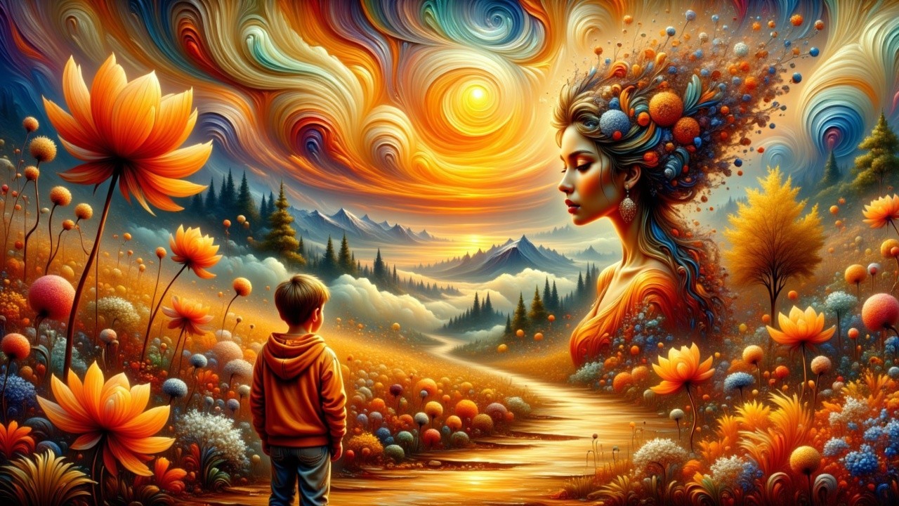 Surreal Landscape of Child and Colorful Woman