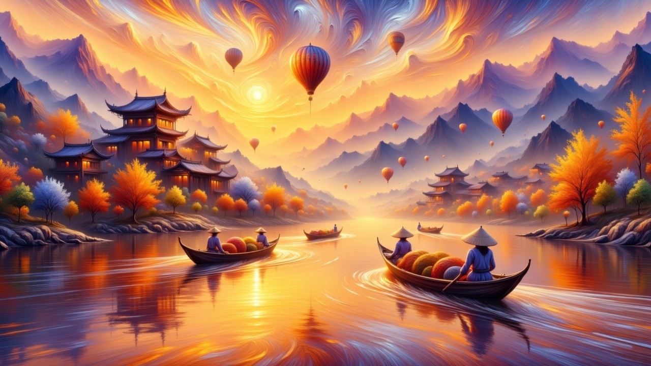 Hot Air Balloons Over Mountains at Sunset Landscape
