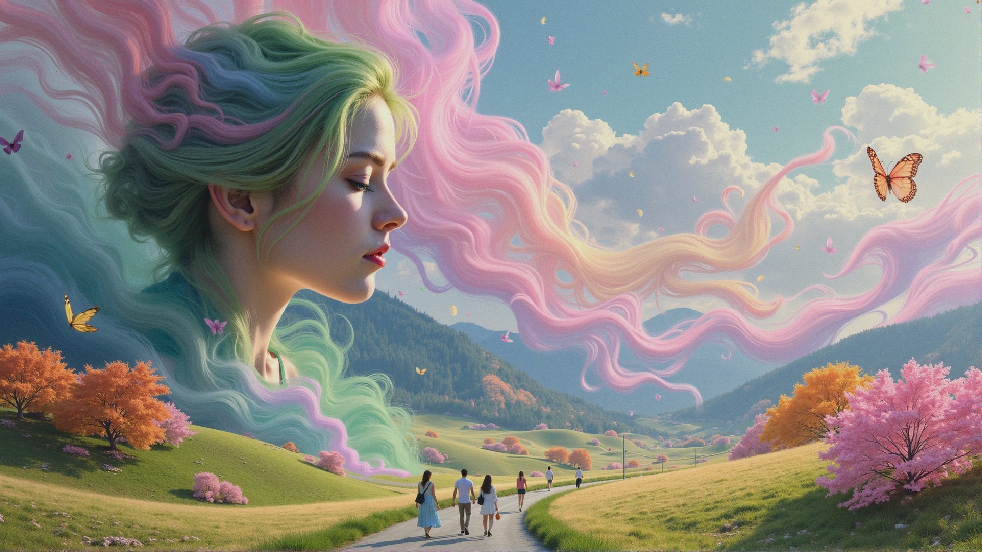 Surreal Landscape with Woman and Cherry Blossoms