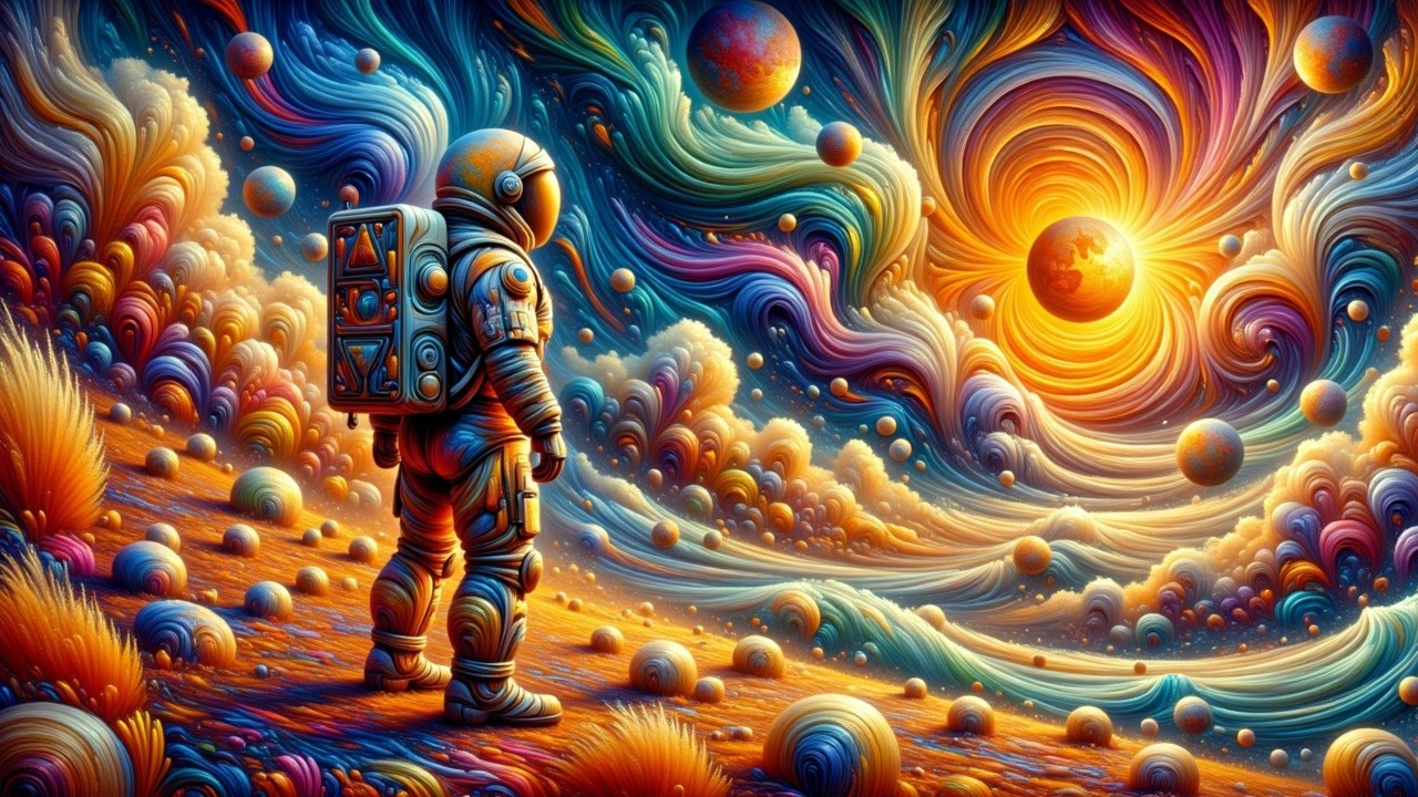 Astronaut in a Colorful Cosmic Landscape Scene