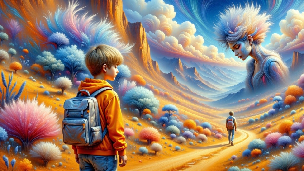 Surreal Landscape with Boy and Ethereal Figure