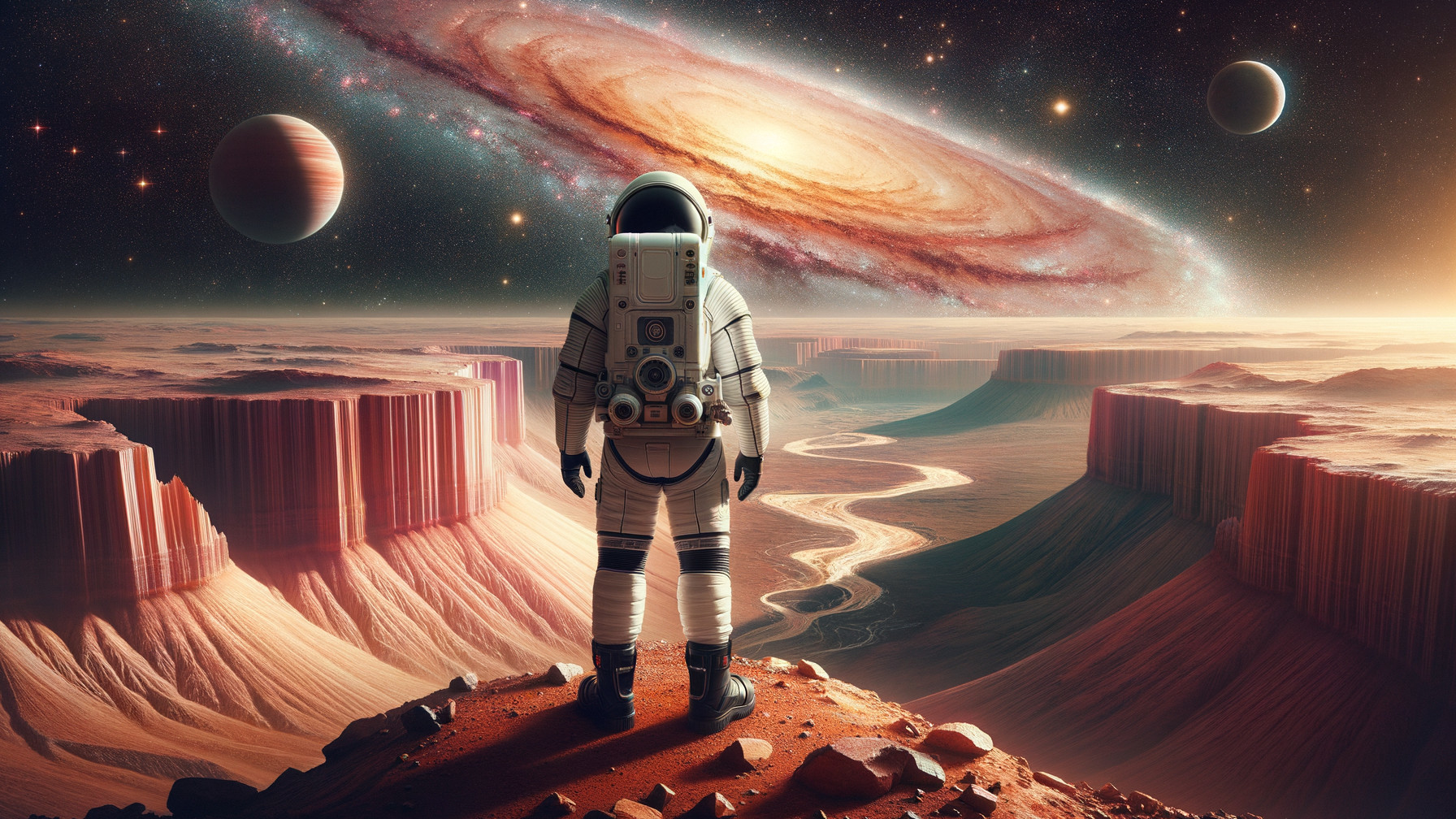 Astronaut on Cliff Overlooking Canyon and Galaxy Scene