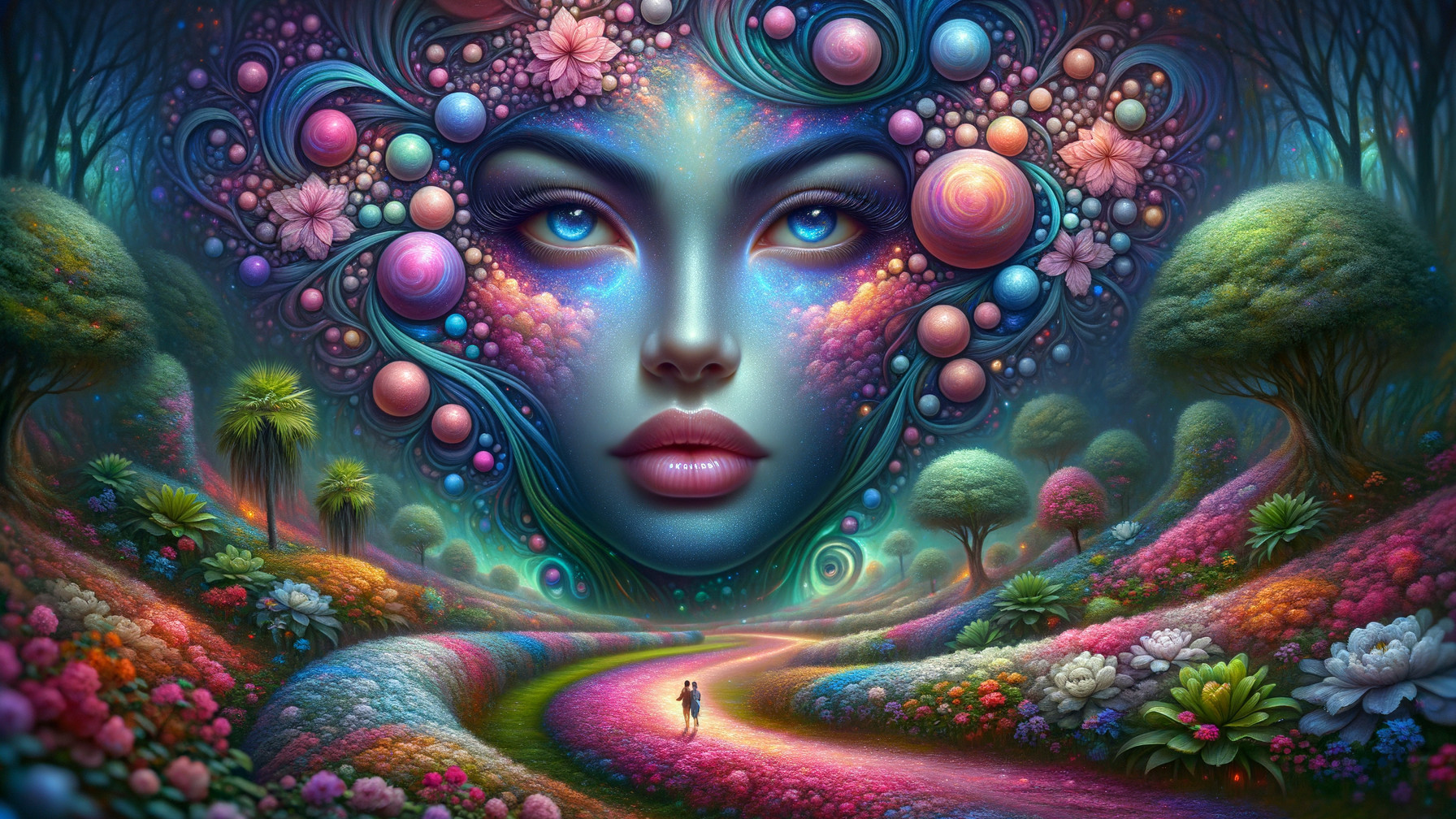 Surreal Landscape with Ethereal Face and Blossoms