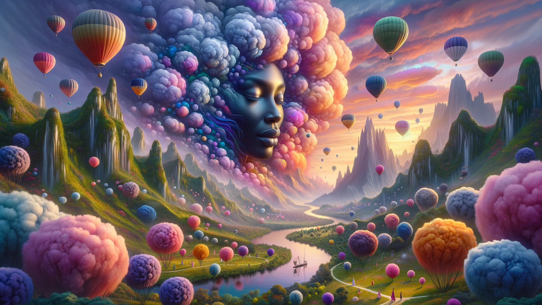 Surreal Landscape with Mystical Figure and Balloons