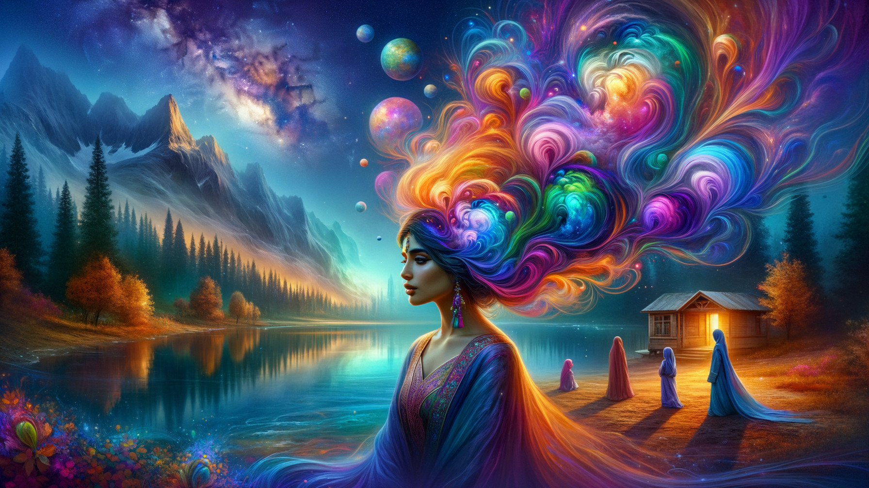 Woman by Lake with Colorful Hair in Twilight Landscape