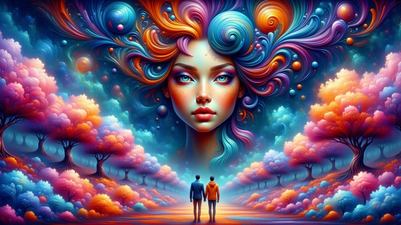 Surreal Landscape with Colorful Figures and Sky