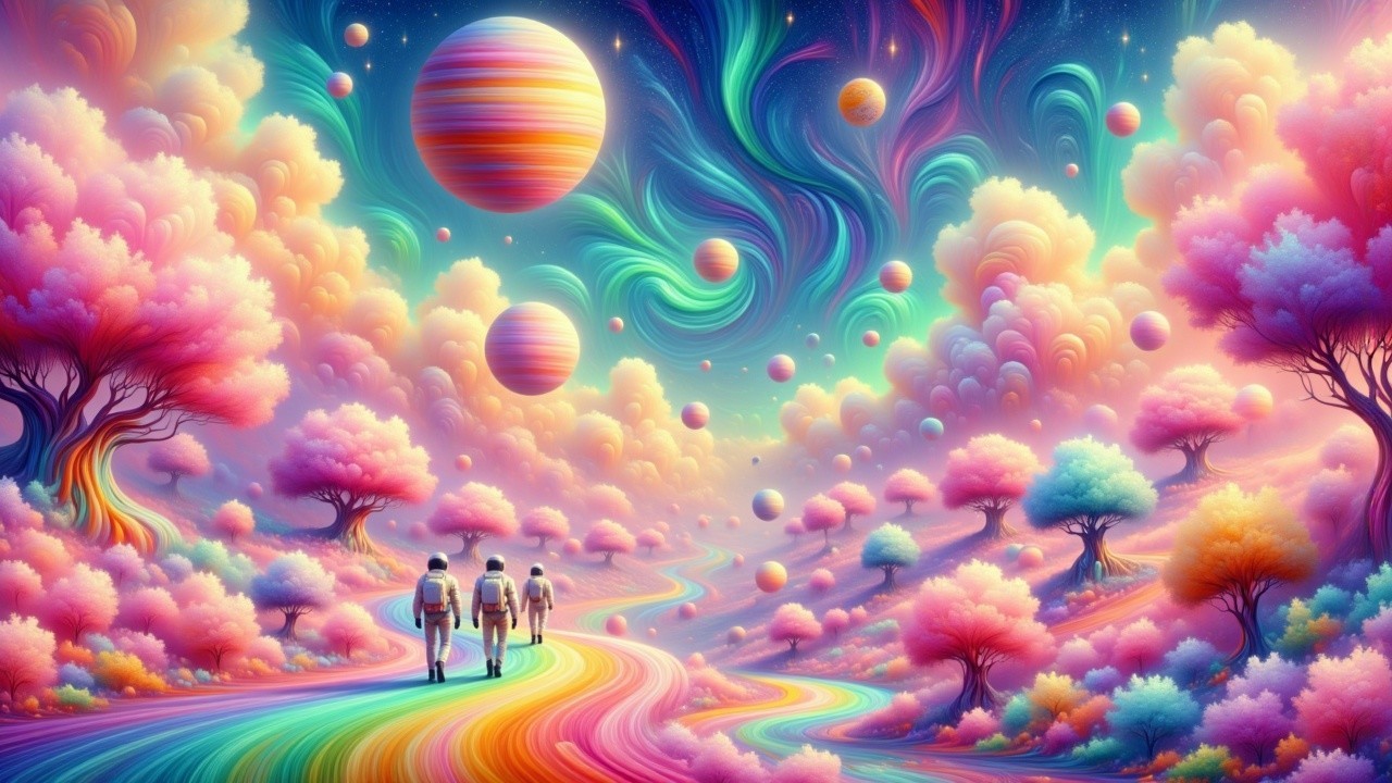 Astronauts in a Colorful Dreamlike Landscape